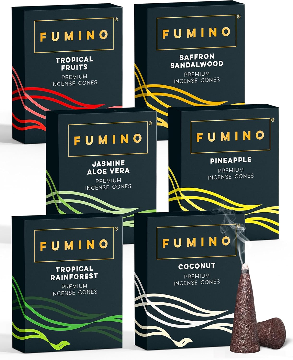 Fumino Incense Cones Tropical Tastes 90 Pack 6 Fragrances - Handmade Natural Masala Incense Cones for Meditation & Home Fragrance, Low-Smoke Fruity Tropical Scents, Bureau Veritas Certified