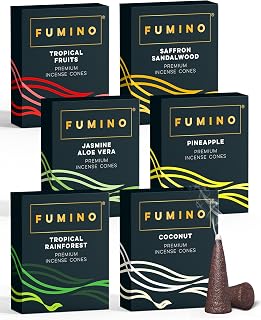 Fumino Incense Cones Tropical Tastes 90 Pack 6 Fragrances - Handmade Natural Masala Incense Cones for Meditation & Home Fragrance, Low-Smoke Fruity Tropical Scents, Bureau Veritas Certified