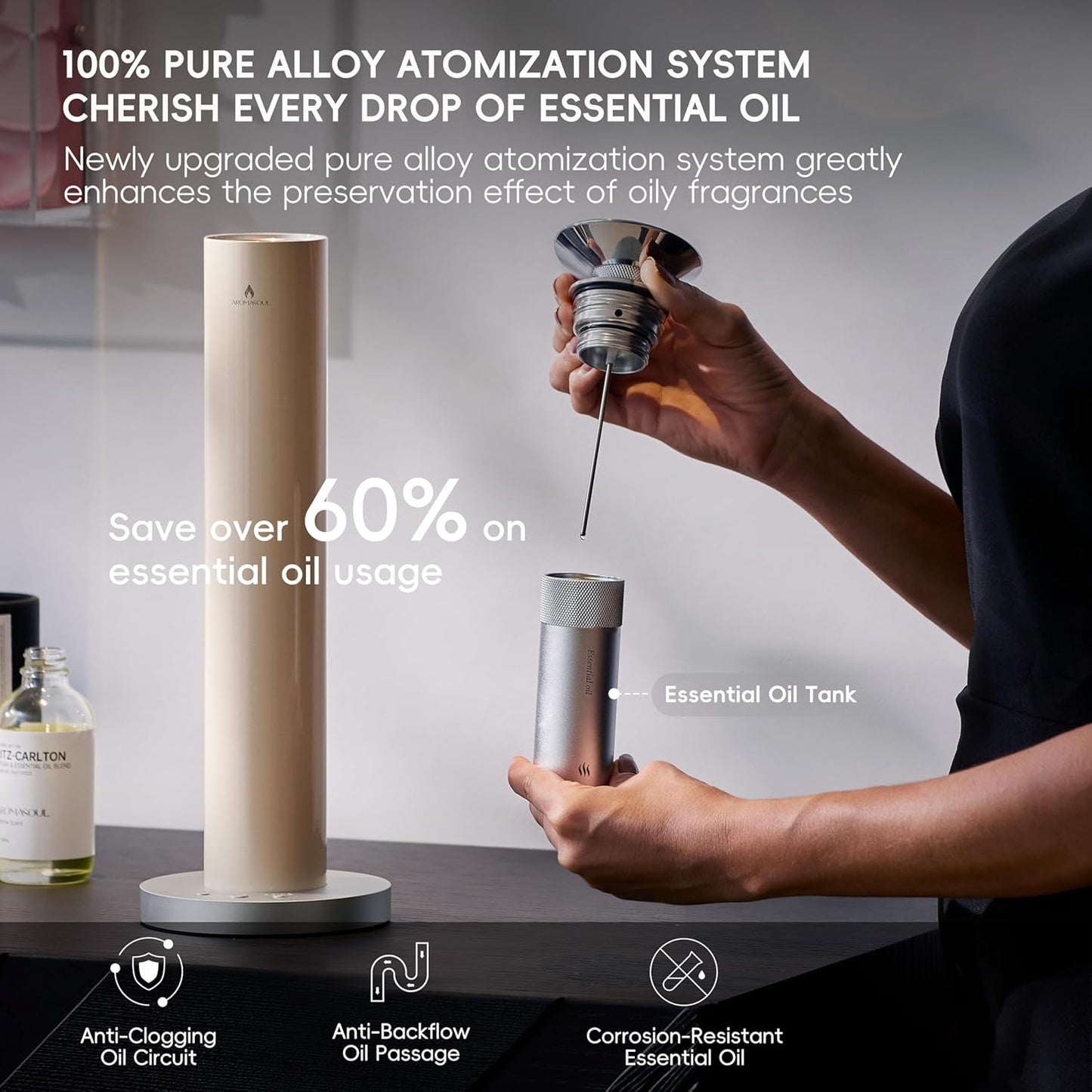 Waterless Scent Diffuser Starter Kit - Alloy Atomization System, Smart Rechargeable Hotel Scent Diffuser, 1500 Sq Ft Coverage, Including 6×15ml Essential Oils, for Home, Large Room, Spa, Cream