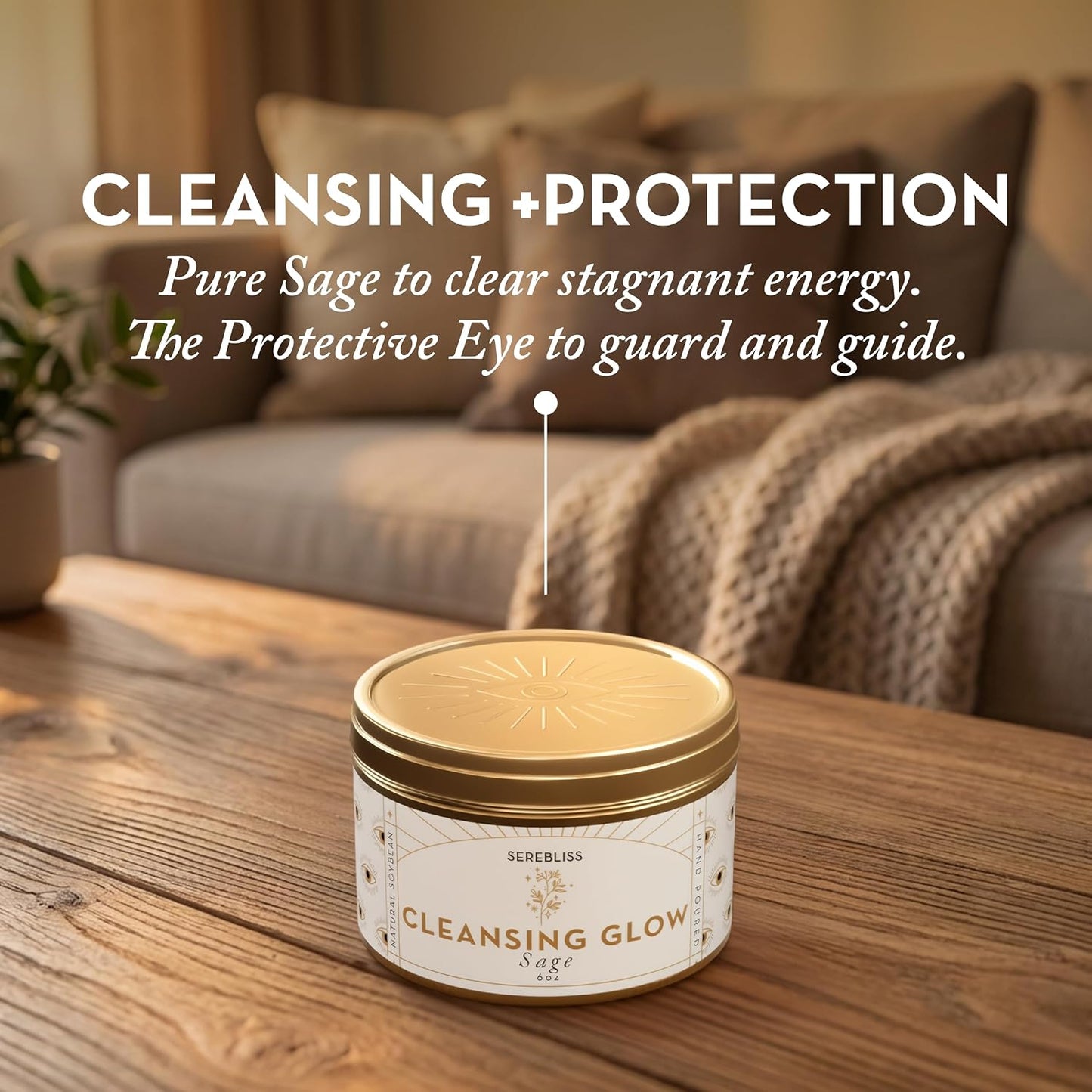 Sage Smudge Candle for Cleansing — 6oz Gold Tin Soy Candle, White Sage Scented, Smokeless Smudge Alternative for Manifestation, Protection, Meditation, Positive Energy & Spiritual Gifts