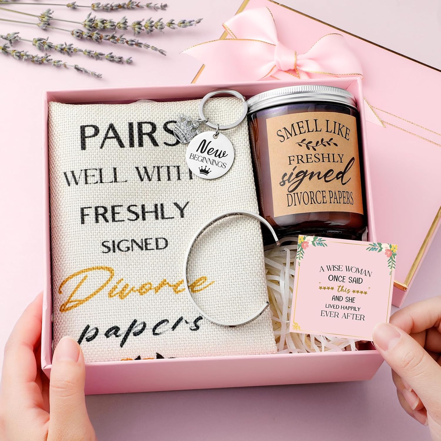 Quelay 7 Pcs Divorce Gifts Box for Women Divorce Party Gifts Breakup Candles New Beginnings Keychain Wine Bag Bracelet for Newly Divorced Woman