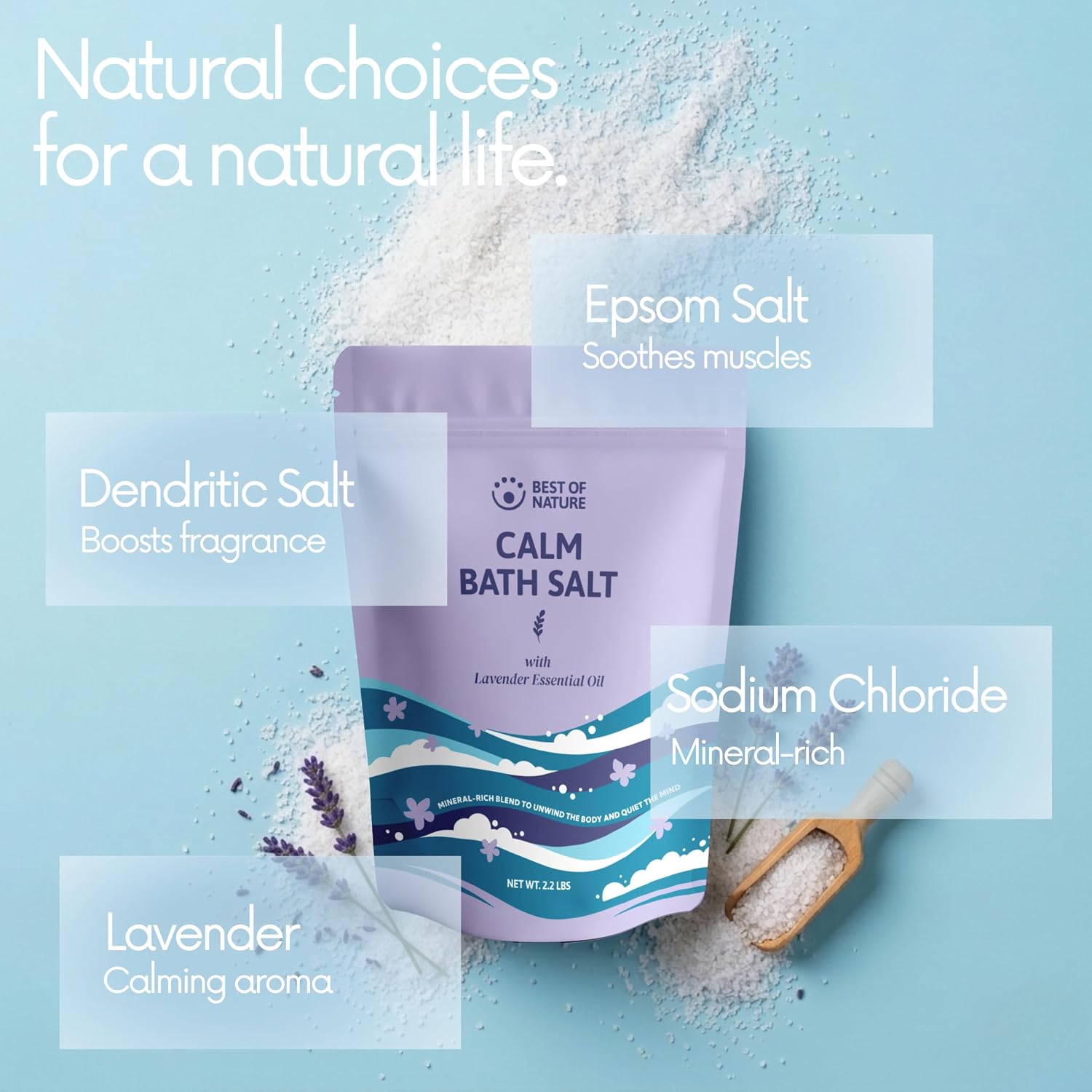 Best of Nature Calm Epsom Salt Bath Soak with Lavender Essential Oil, Mineral-Rich Bath Salts, Resealable Bag, 2.2 lb