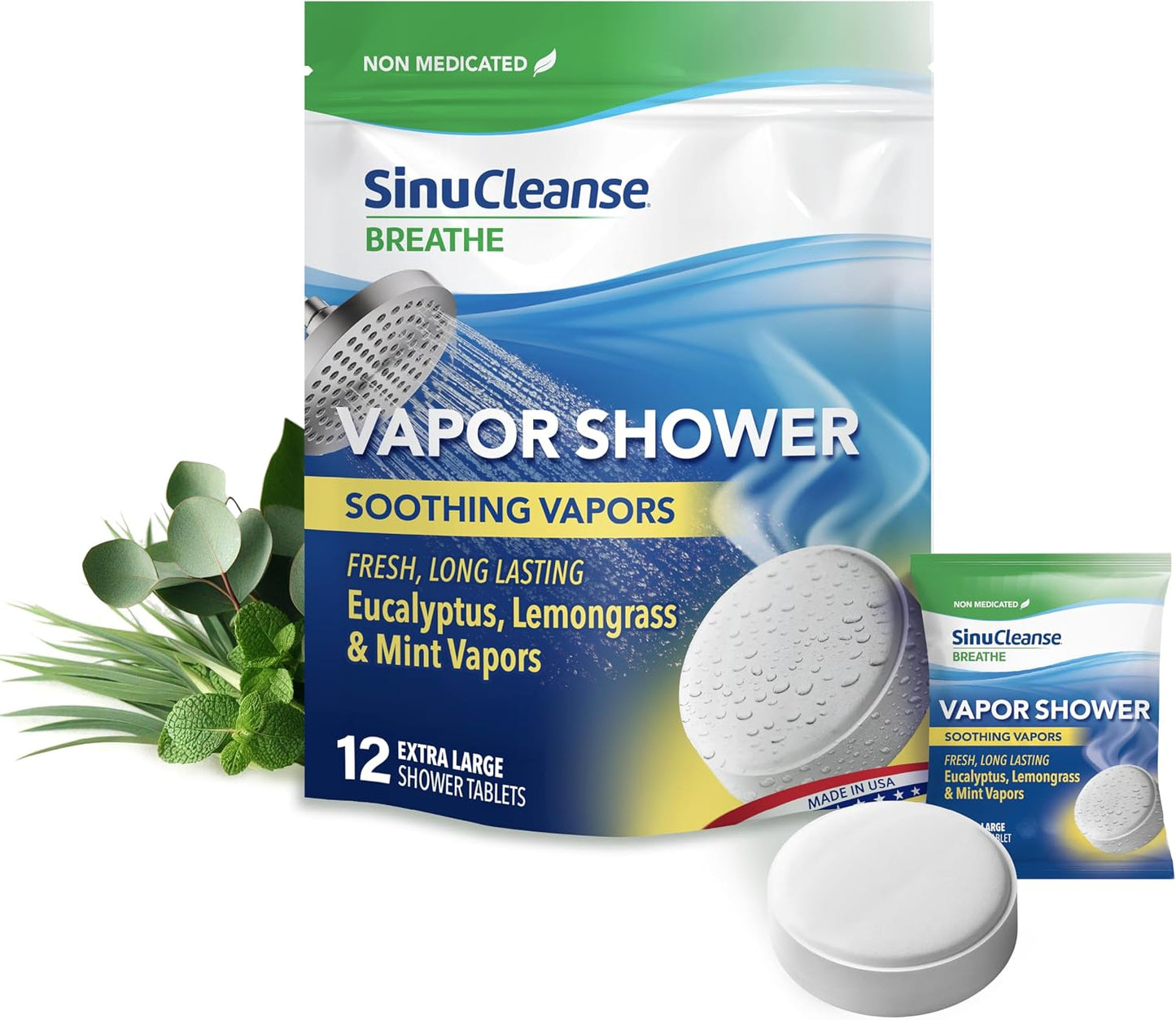 Sinucleanse Vapor Shower Steamers, All Natural Eucalyptus, Mint & Lemongrass Aromatherapy, 12 Extra Large Vapor Shower Tablets, Relaxation and Spa Gifts for Women and Men, Made in USA
