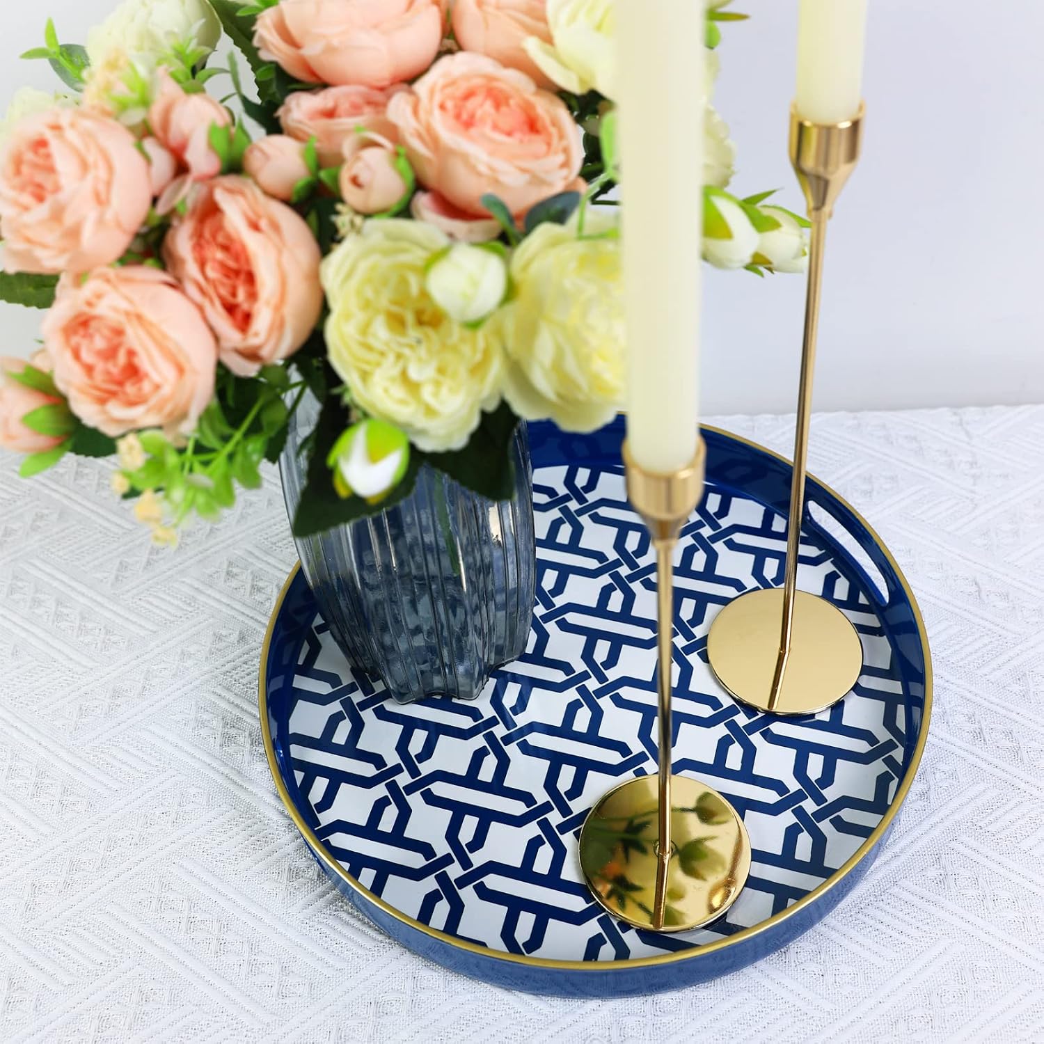 Spsyrine Round Decorative Tray, Plastic Serving Table Tray with Handles for Ottoman, Coffee Table, Bathroom, Kitchen, Living Room, White