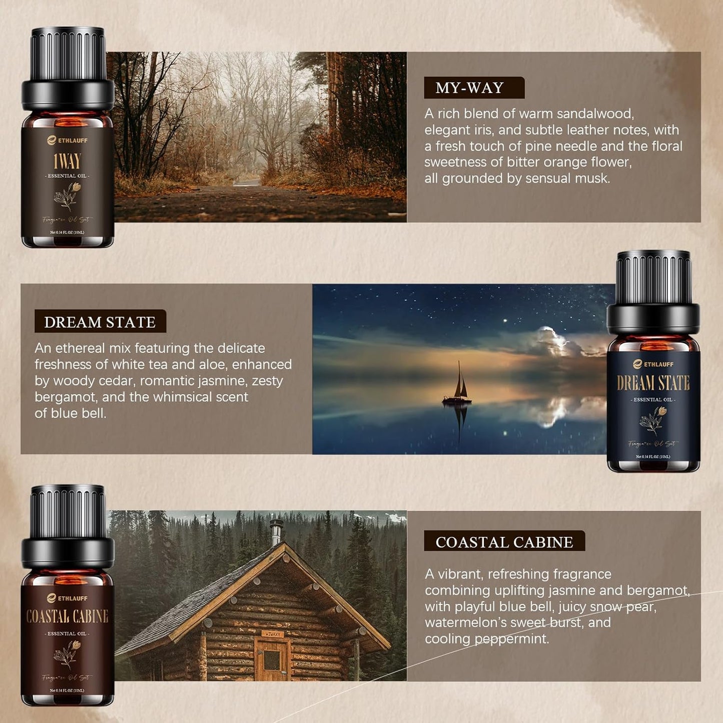 Hotel Collection Diffuser Oil, My Way, Dream State, Coastal Cabine, Inspired by The Most Popular 5-Star Hotel Scents, Fragrance Oil Set 6 * 10 ml