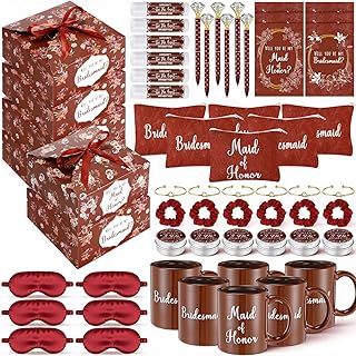 SiliFine 60 Pcs Bridesmaid Proposal Gifts Maid of Honor Gifts with Box Mug Makeup Bag Candle Lip Balm Scrunchies Pen Bracelet Eye Mask Card for Bridal Shower Bachelorette Party Wedding(Terracotta)