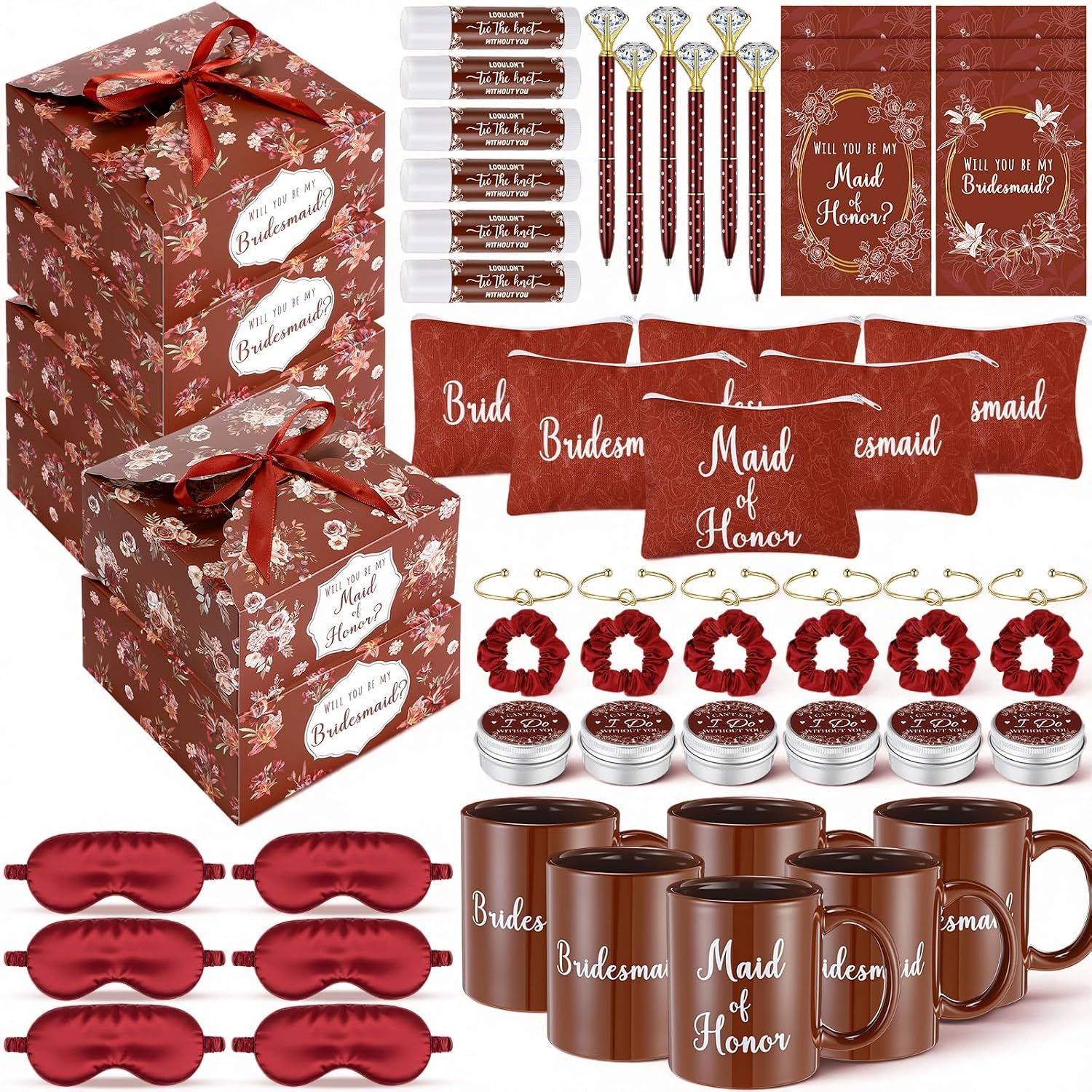 SiliFine 60 Pcs Bridesmaid Proposal Gifts Maid of Honor Gifts with Box Mug Makeup Bag Candle Lip Balm Scrunchies Pen Bracelet Eye Mask Card for Bridal Shower Bachelorette Party Wedding(Terracotta)
