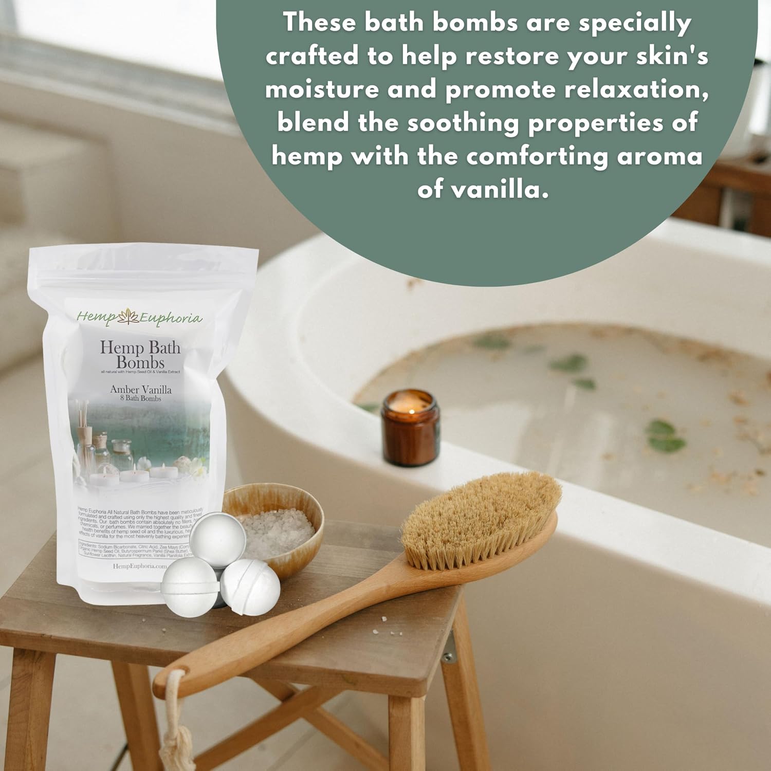 Hemp Bath Bombs -Amber Vanilla - Rich in Organic Hemp Seed Oil, Vanilla Extract, and Shea Butter - 8 Count by Hemp Euphoria