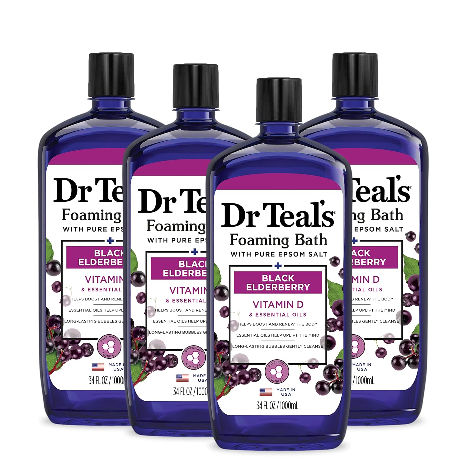 Dr Teal's Foaming Bath Bundles with Epsom Salt, Black Elderberry & Shea Butter Scents, 34 fl oz (4 Packs)