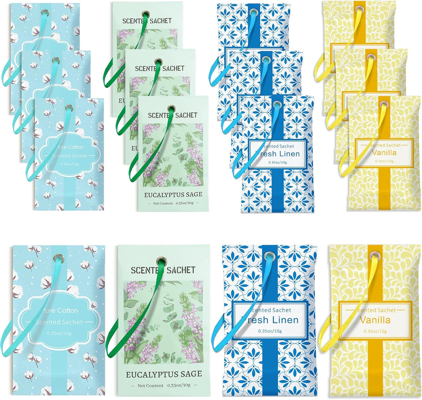 STRN Scented Sachets for Drawer and Closet, 16 Packs 4 Scents Fresh Linen, Eucalyptus Sage, Cotton, Vanilla, Long-Lasting Sachets for Home Fragrance, Small Space Air Freshener for Wardrobes