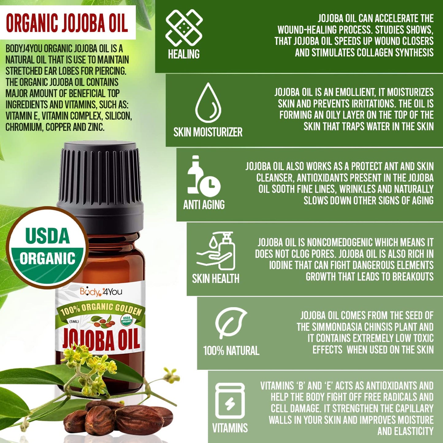 BodyJ4You Organic Jojoba Oil Piercing Aftercare - USDA 100% Pure Cold Pressed Ear Stretching Oil - Gauge Care Nose Septum Cartilage Tragus Navel - Natural Skin Recovery Moisturizer Vegan - 0.17 Fl Oz