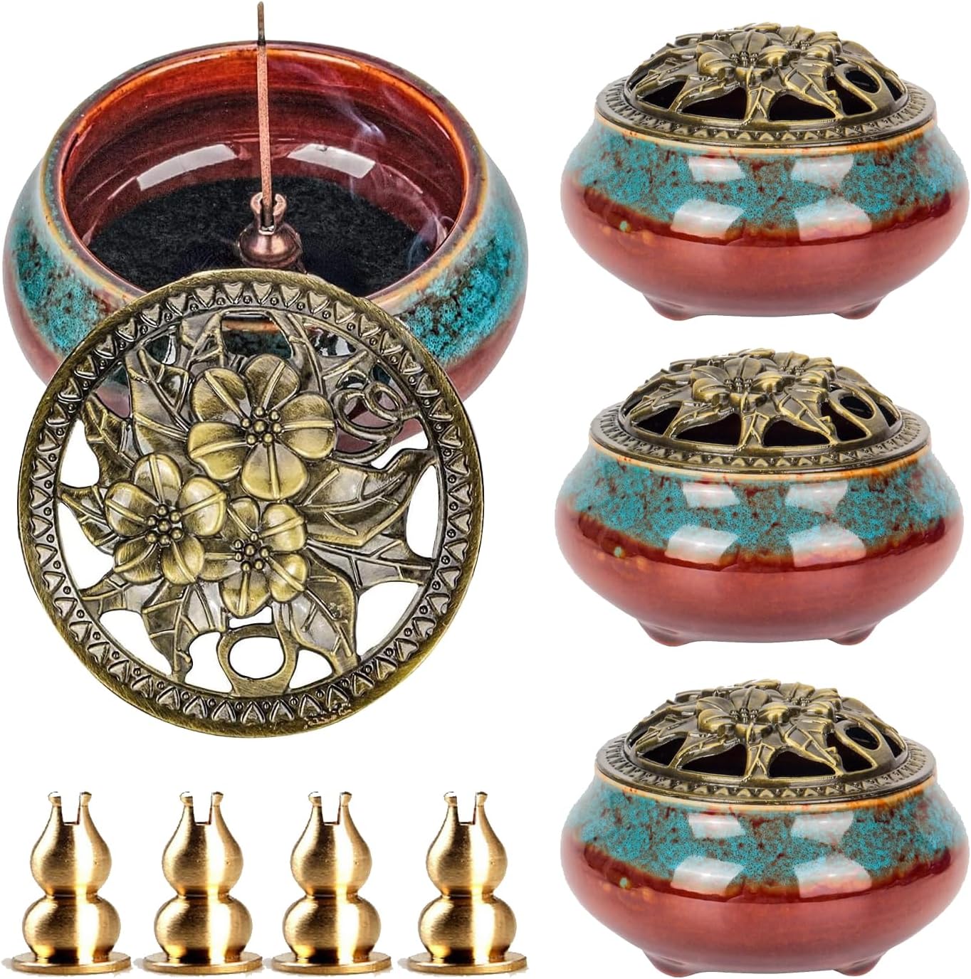 Maxcheck 4 Pcs Ceramic Incense Burner with Copper Lid Metal Incense Holder Lotus Cone Burner for Sandalwood Palo Santo Sage Cones Meditation Yoga Spa Gifts Room Decor(Blue)