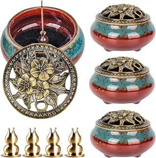 Maxcheck 4 Pcs Ceramic Incense Burner with Copper Lid Metal Incense Holder Lotus Cone Burner for Sandalwood Palo Santo Sage Cones Meditation Yoga Spa Gifts Room Decor(Blue)
