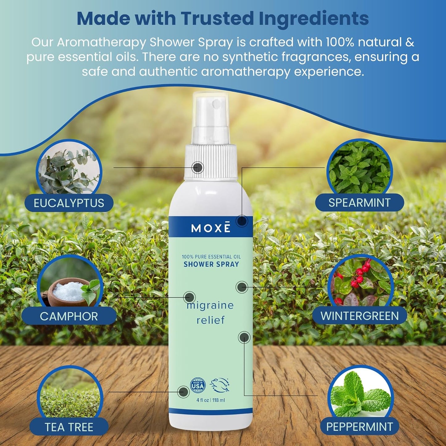MOXE Migraine Relief Aromatherapy Shower Spray, Essential Oils for Headaches & Tension Relief, Natural 100% Essential Oils, Pure & Undiluted, Peppermint, Spearmint, Eucalyptus, Tea Tree, Made in USA