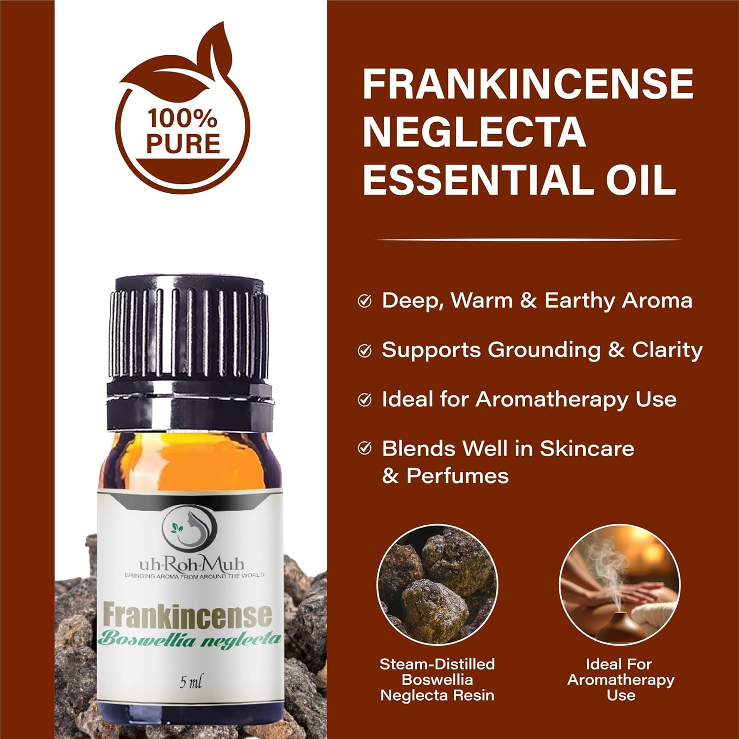 Frankincense Neglecta Essential Oil - Steam Distilled Boswellia Neglecta, Resin Oil, Warm Woody Aroma Base Note for Aromatherapy, Skincare, Massage, and DIY Cosmetic Blends - Ethiopia - 5 ml