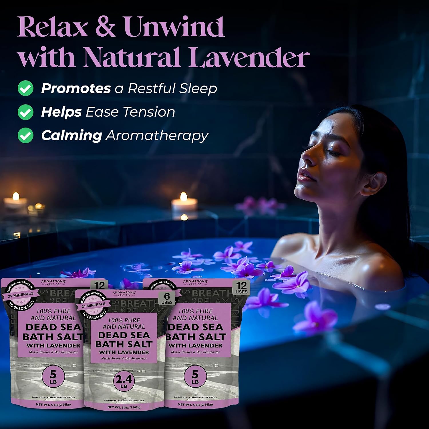 Aromasong Pure Dead Sea Salt for Soaking with 100% Natural Lavender, 5 LB - Spa Bath Salt Fine Grain - Body Wash Scrub - Soak for Women & Men- Bulk Resealable Pack (Packaging May Vary)