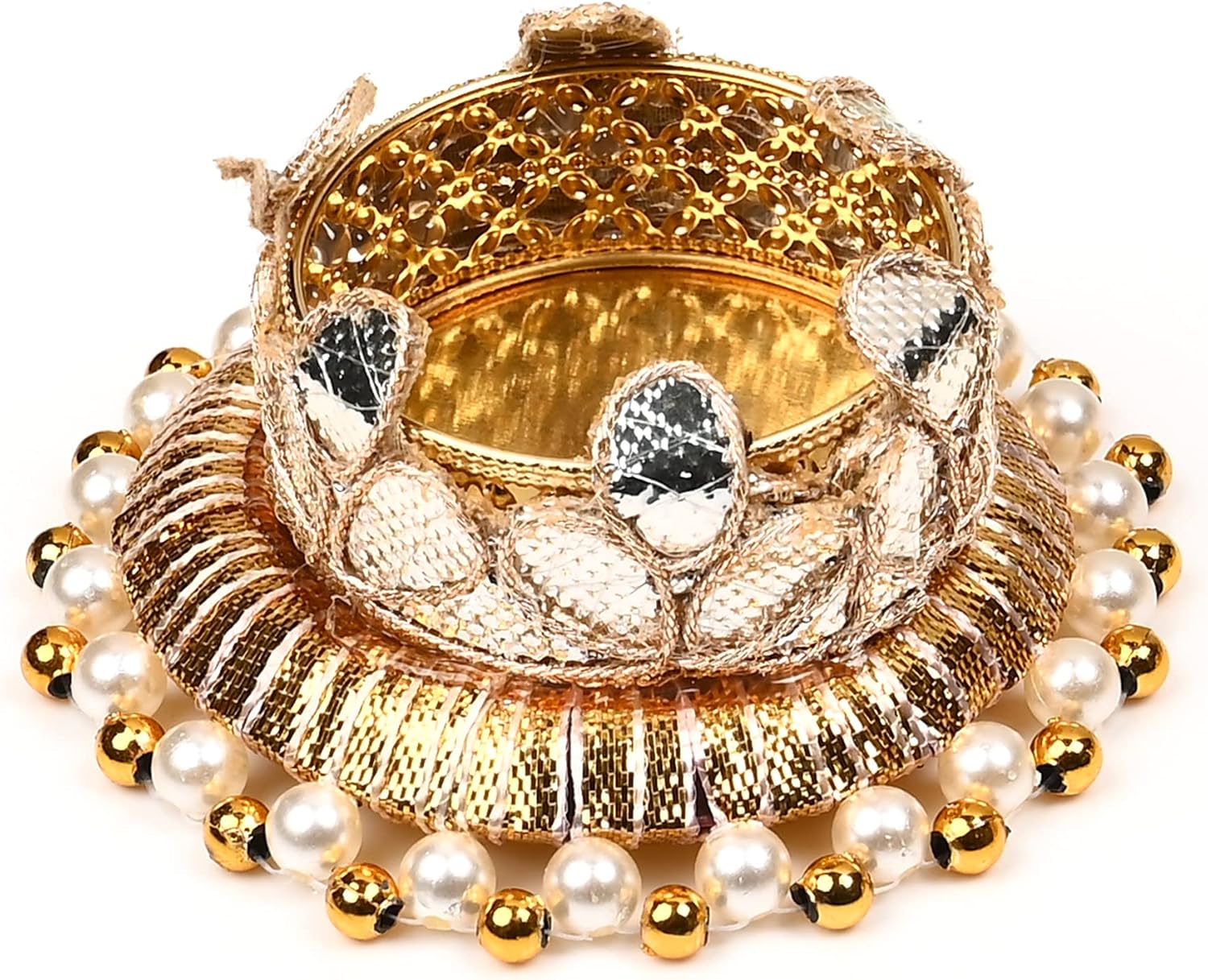 Set of 4 Jute Ring with Moti Beads T Light Candle Stand Tealight Holder Lights Festival Indian Traditional New year Decorations Lighting Accessories Wedding Home Decor(Without Wax)(Size:-4")(Golden)