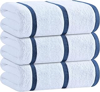 White Classic Cotton Pool Towels Oversized 35 x 70 Inches, Ultra Absorbent and Low Lint Striped Beach Towels for Adults, Stripes Design Luxury Extra Large Bath Towels, Navy Blue, 3 Pack