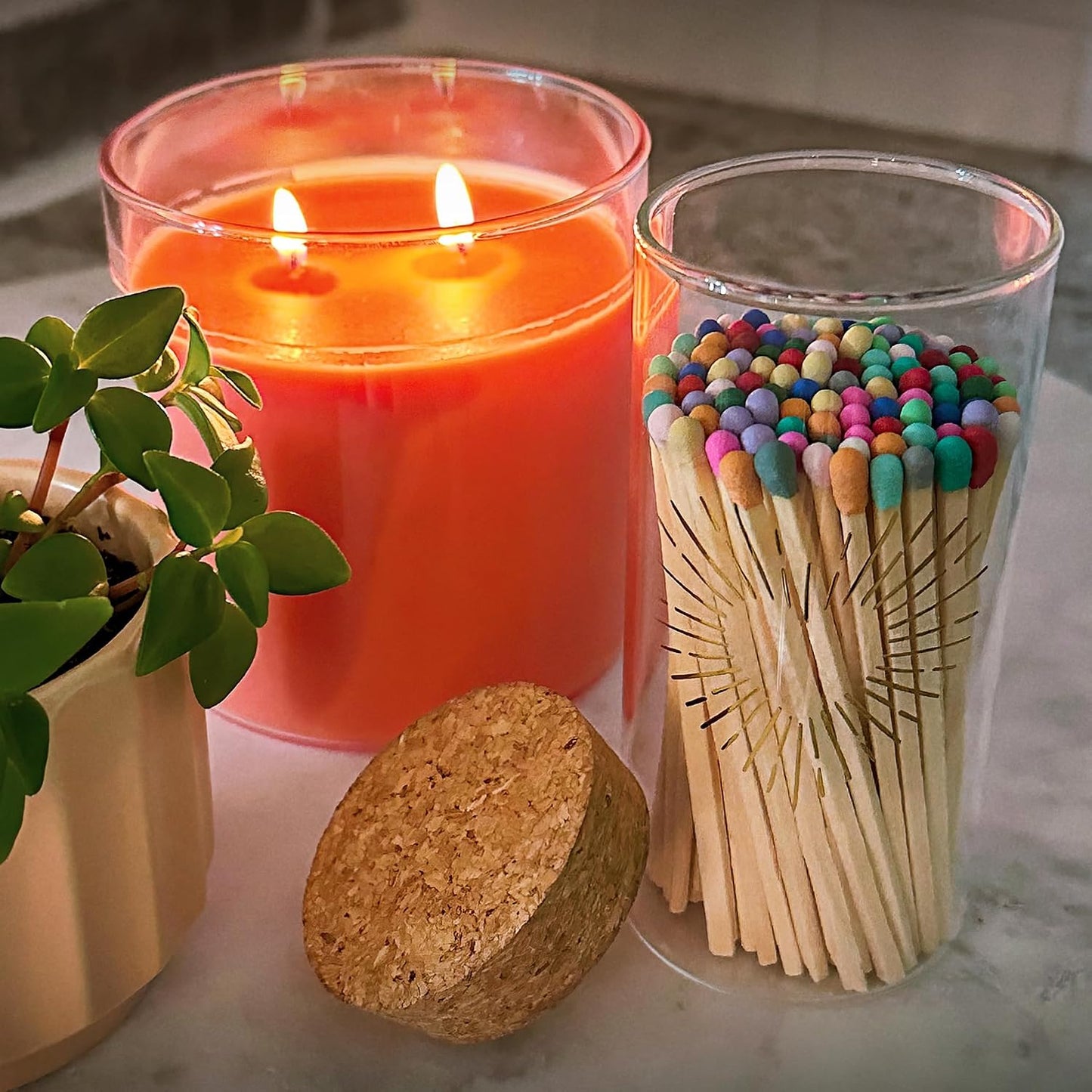Decorative Matches in a Gold Heart Foil Glass Jar | 4" Orange Long Matches (100 match sticks) + Cork Top Glass Holder + Striker Stickers | Gifts, Décor, & Candle Accessories by Thankful Greetings USA