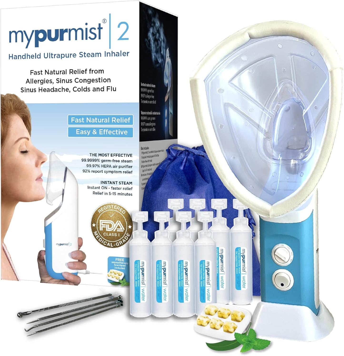 Mypurmist® Essential Kit Plus Facial Steam - Steam Inhaler & Facial Steamer Combo, Personal Handheld Steam - Sinus Congestion Cold Cough Relief Vocal Care Skincare (Plug-in)