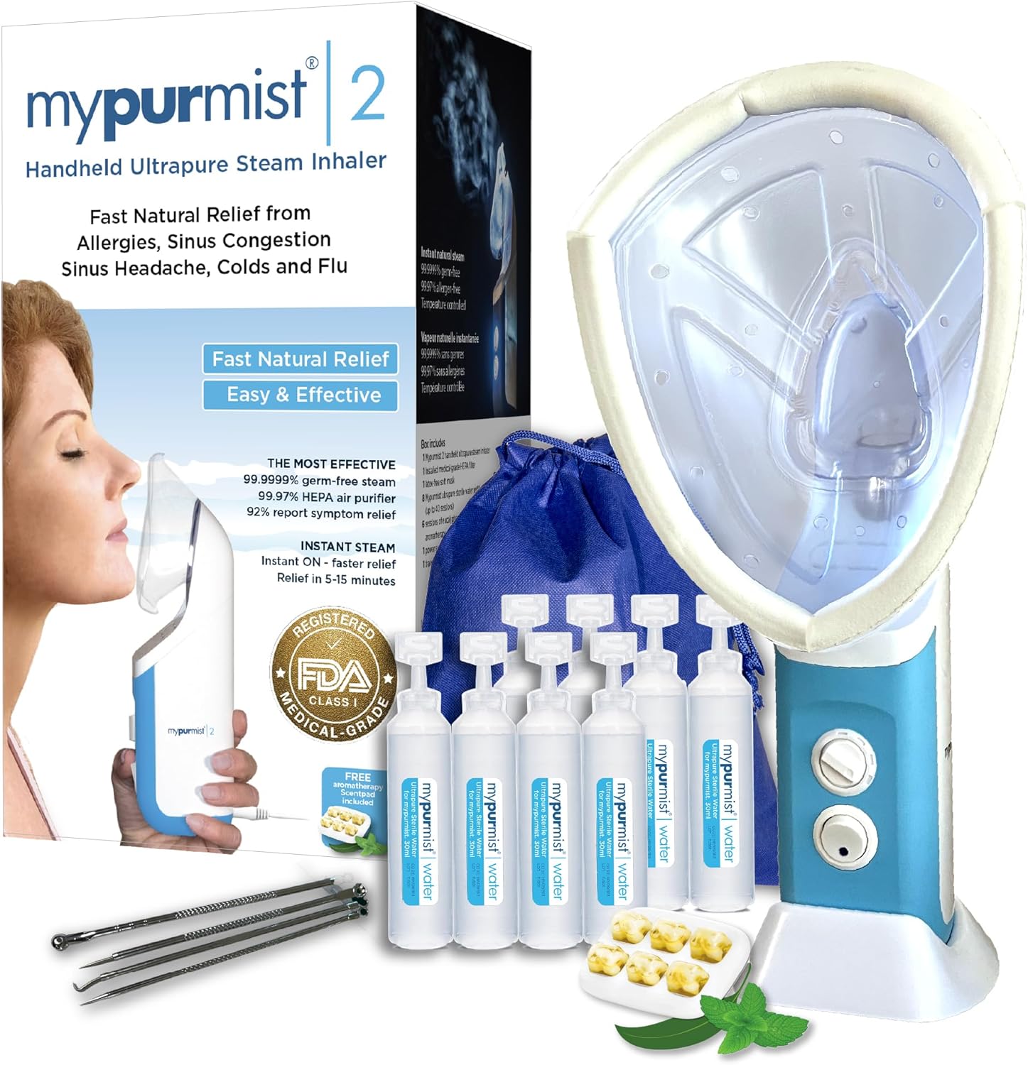 Mypurmist® Essential Kit Plus Facial Steam - Steam Inhaler & Facial Steamer Combo, Personal Handheld Steam - Sinus Congestion Cold Cough Relief Vocal Care Skincare (Plug-in)
