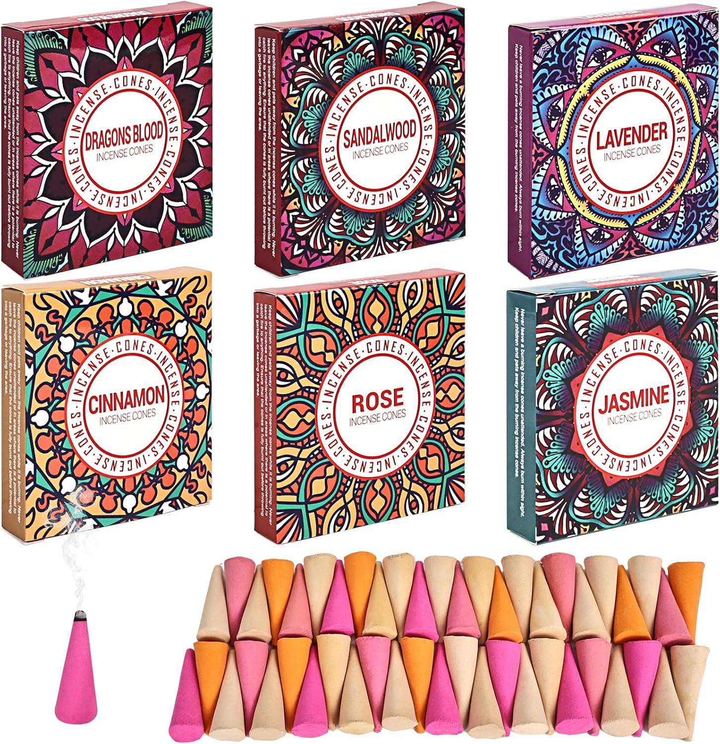 Incense Cones Set - Lavender, Jasmine, Sandalwood, Cinnamon, Rose, Dragons Blood for Meditation & Yoga