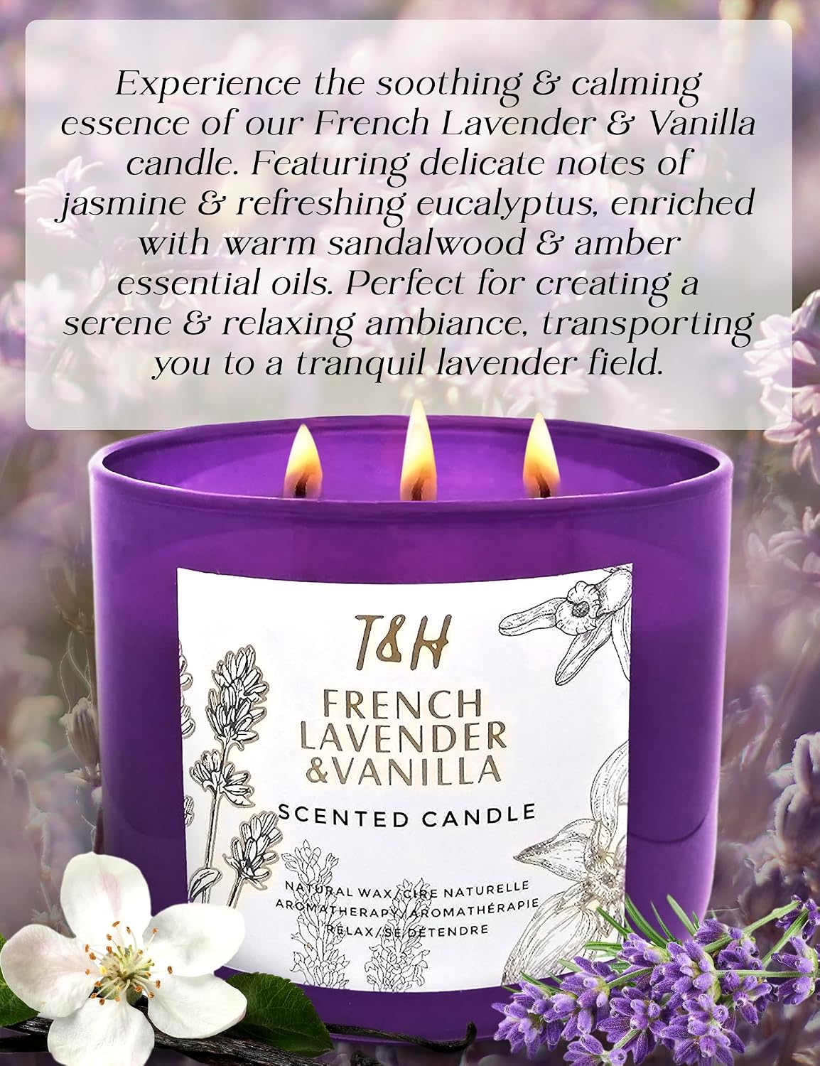 French Lavender Vanilla 3-Wick Scented Candle | 15.8 oz Large Soy Aromatherapy Candle for Home | Clean Burn Long Lasting | Relaxing Floral Vanilla Scent | Cozy Gifts for Women & Men