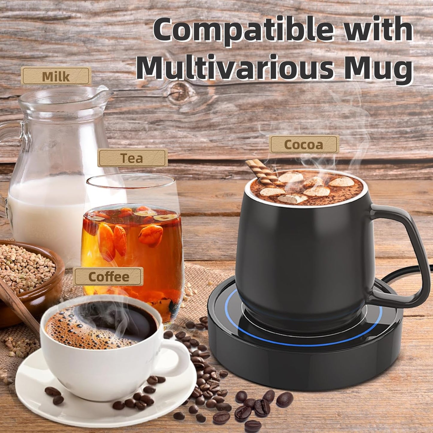 Coffee Warmer with Mug Set - Electric Beverage Cup Warmer for Desk Office Home Use, Candle Warmer Heating Plate with Gravity Switch Auto Shut Off (Up to 131F/55C), 12oz (Blue Set)