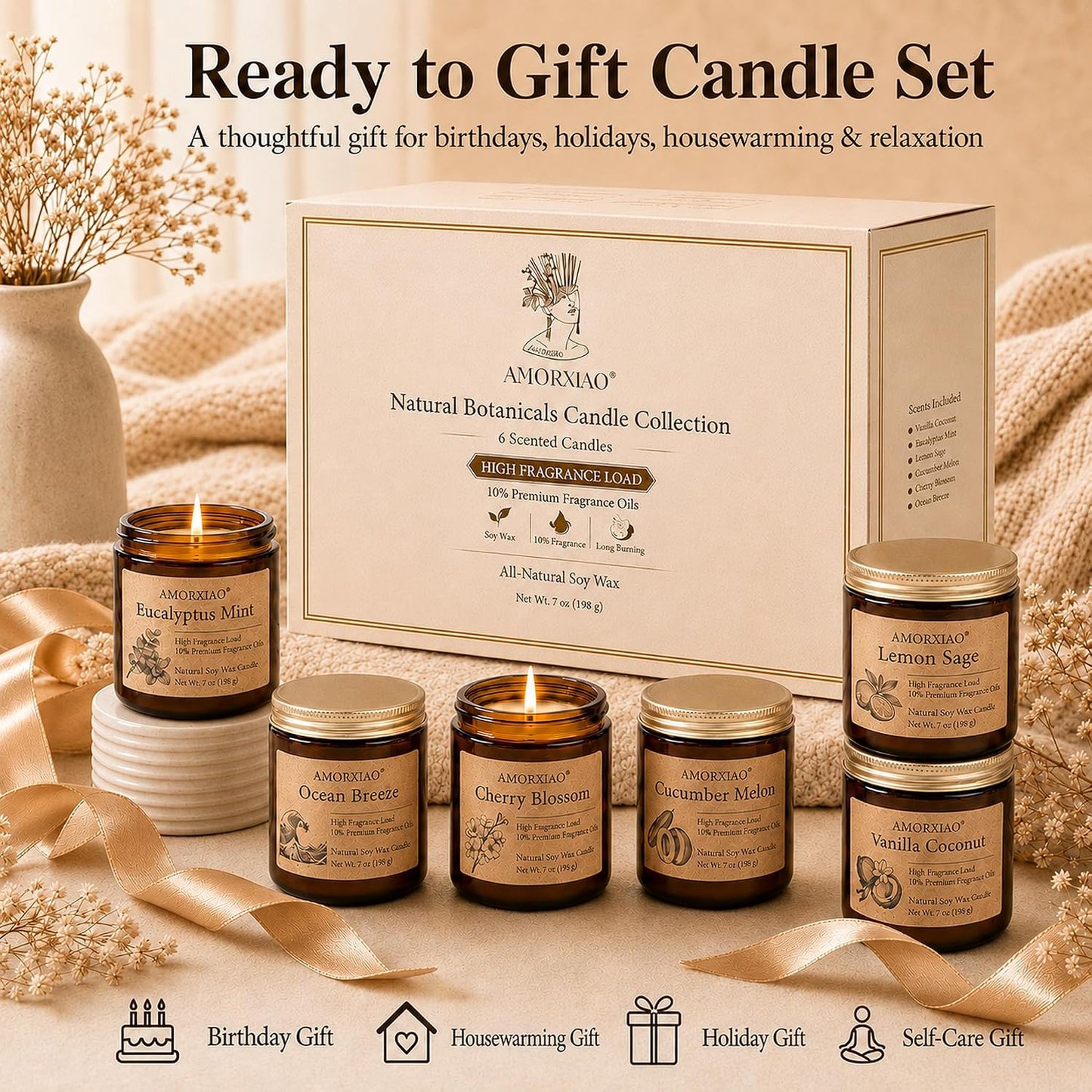 6 Pack Scented Candles for Home Scented: Soy Candles for Women Men, 42oz 300H Burning Aromatherapy Candle Set, Jar Candle Gift Set for Birthday, Scents of Eucalyptus/Sage/Cherry/Ocean/Melon/Vanilla