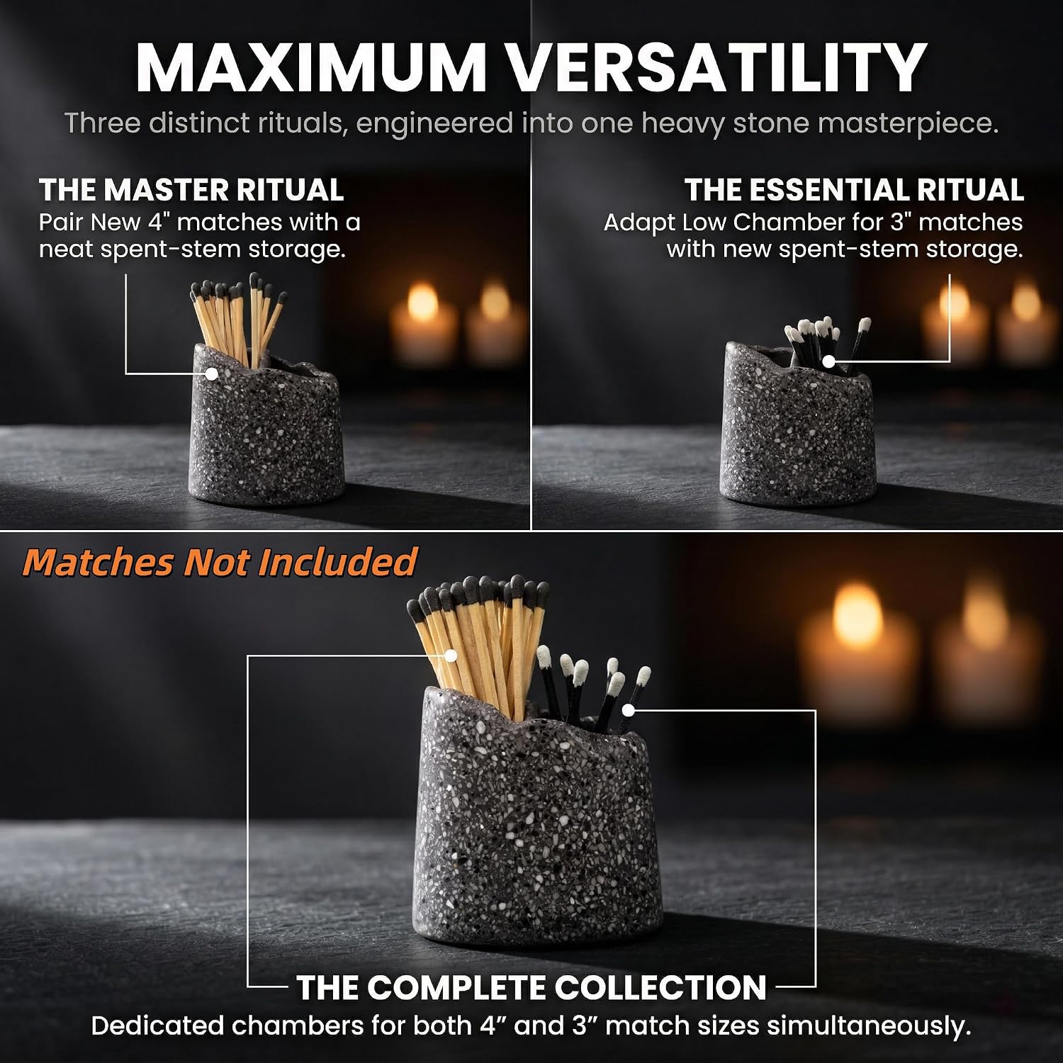 NYXIS Stone Match Holder with Striker & Candle Snuffer, Dual-Chamber Cast Stone Matchstick Holder for 3" & 4" Matches, Heavyweight Fireplace Decor, Gift Box, Dark Gray, Matches Not Included