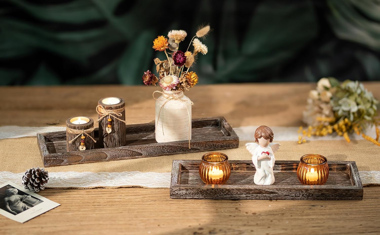 Romadedi Rustic Decorative Wood Candle Tray - 17" Wooden Long Narrow Tray Candle Holder, Farmhouse Small Trays for Coffee Table Centerpieces Dining Room Kitchen Countertop Home Decor, Brown
