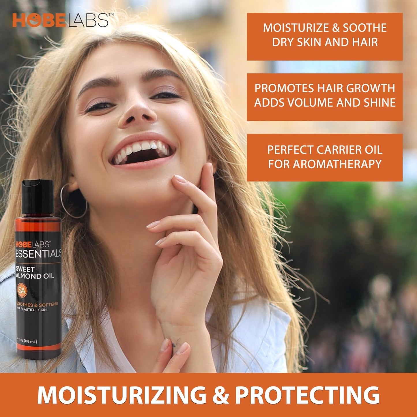 Hobe Labs Sweet Almond Oil, 4 oz - Skin Soothing Properties, Effective Emollient, Improves Skin Health, Fights Puffiness and Dark Circles, Non-Greasy Formula