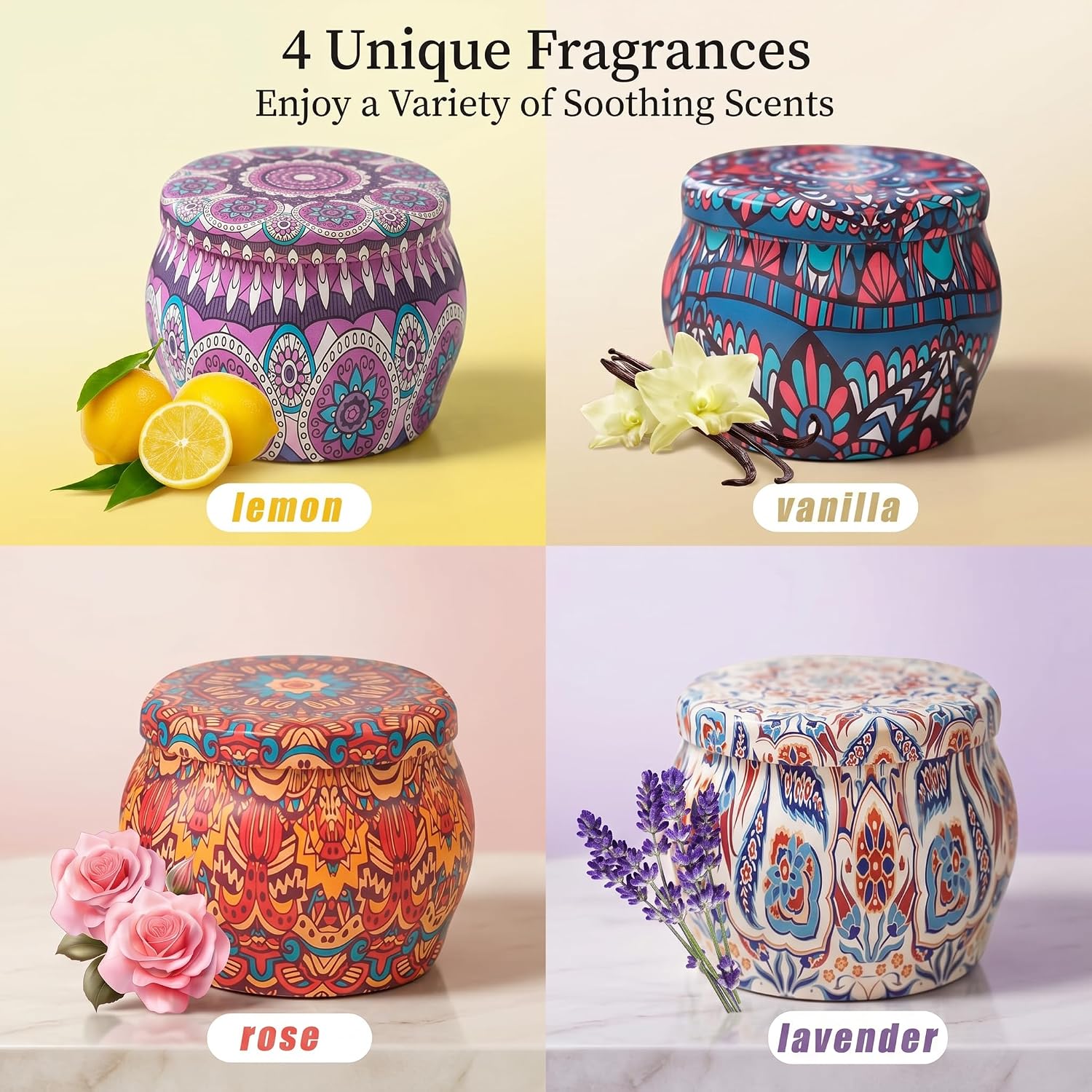Topadorn 4 Pack Scented Candles Gift Set, Soy Wax Aromatherapy Candles in Decorative Boho Tins, Lavender Rose Vanilla Lemon Candle Gift Box for Women, Home Decor & Relaxation