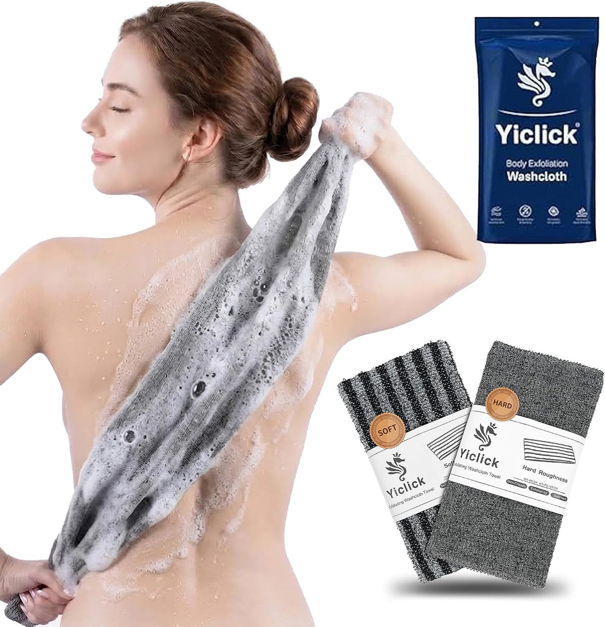Yiclick Exfoliating Washcloth Towel, Back Scrubber for Shower for Women, Exfoliating Body Scrubber, Loofah Sponge Wash Cloth, Korean Japanese Exfoliating Shower Towel, Exfoliator Washer for Bath