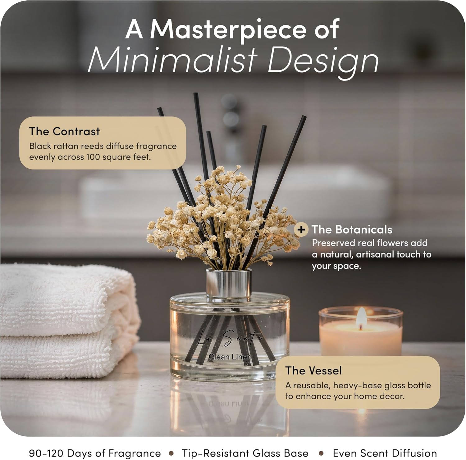 Reed Diffuser Set (6.7fl oz), Natural Clean Linen Essential Oil Fragrance with Glass Bottle, Black Rattan Sticks & Preserved Flowers, Up to 120 Days Lasting Fragrance for Home & Office