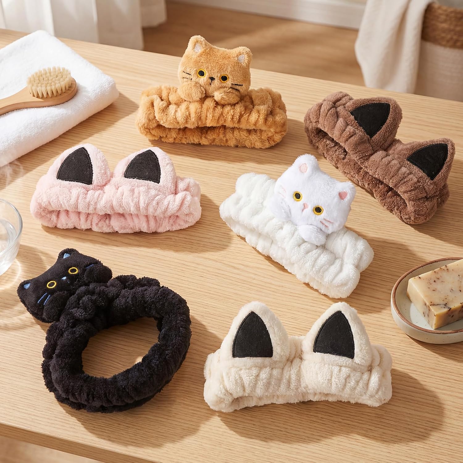 6 Pcs Cat Ear Headbands for Washing Face, Soft Cute Coral Fleece Spa Headbands for Women Girls Skincare Makeup Shower Yoga Trendy Stuff Cat Accessories Gift