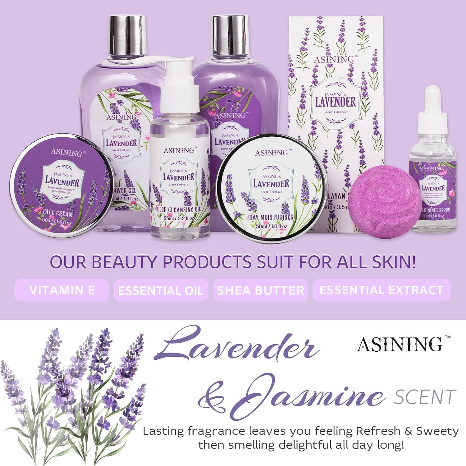 19-Pc Luxury Body Gift Set for Women, Lavender Bath and Body Gift Basket, Spa Gift Basket, Home Spa Gifts, Facial Care, Necklace, Skin Care gift set for Mother Day, Anniversary, Birthday, Christmas