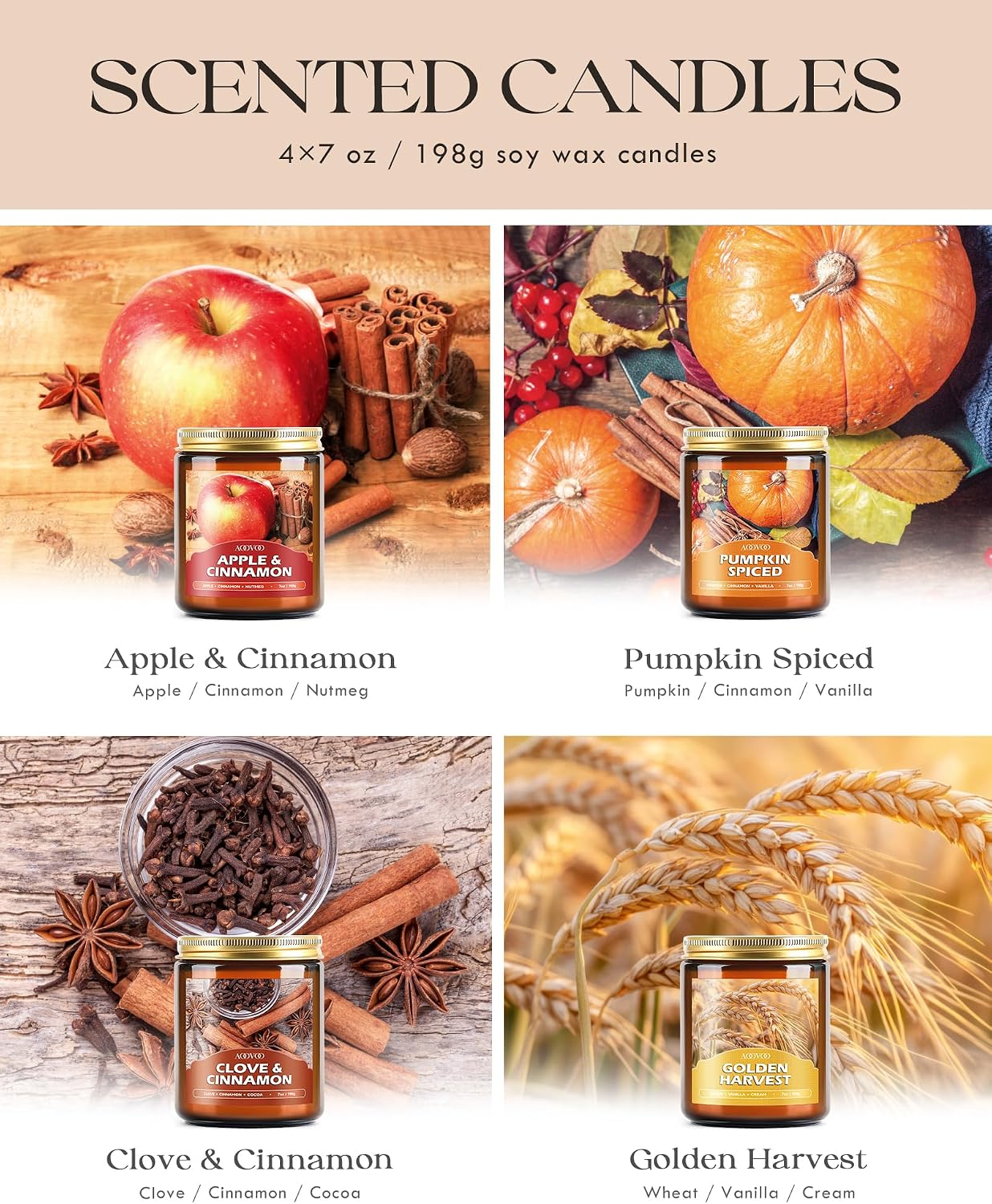 AOOVOO Fall Candles Set - 4 Pack Candles for Home Scented, 28 oz Natural Soy Wax 200 Hour Long Lasting, Autumn Gifts Set for Women Men Fall Fragrance of Pumpkin/Apple Cinnamon/Clove/Wheat Vanilla