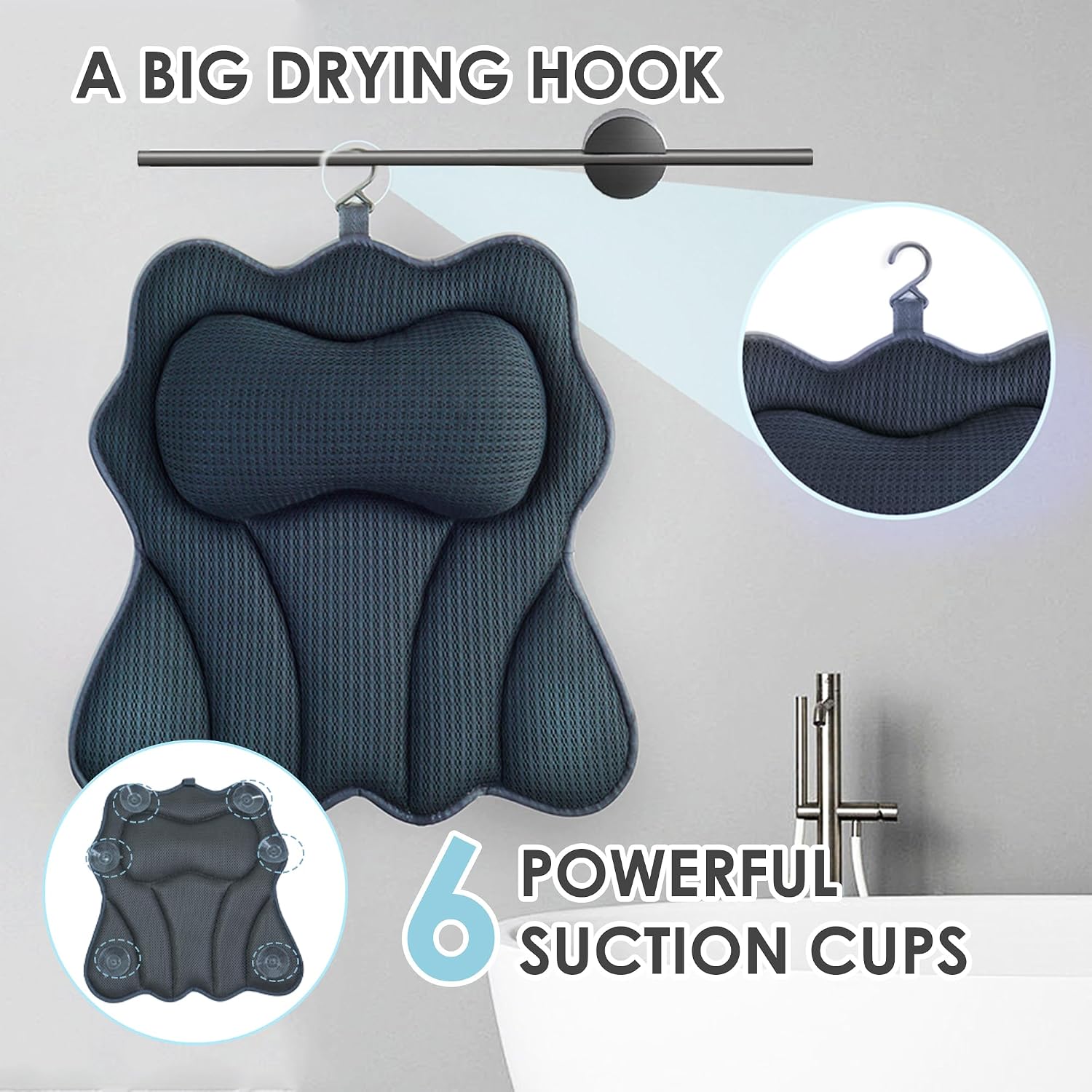 Bath Pillows for Tub – Luxury Bath Pillow & Bathtub Pillow with 6 Strong Suction Cups, Soft Cushion for Head and Neck Support, Relaxing Bath Accessories for Women (Gray)