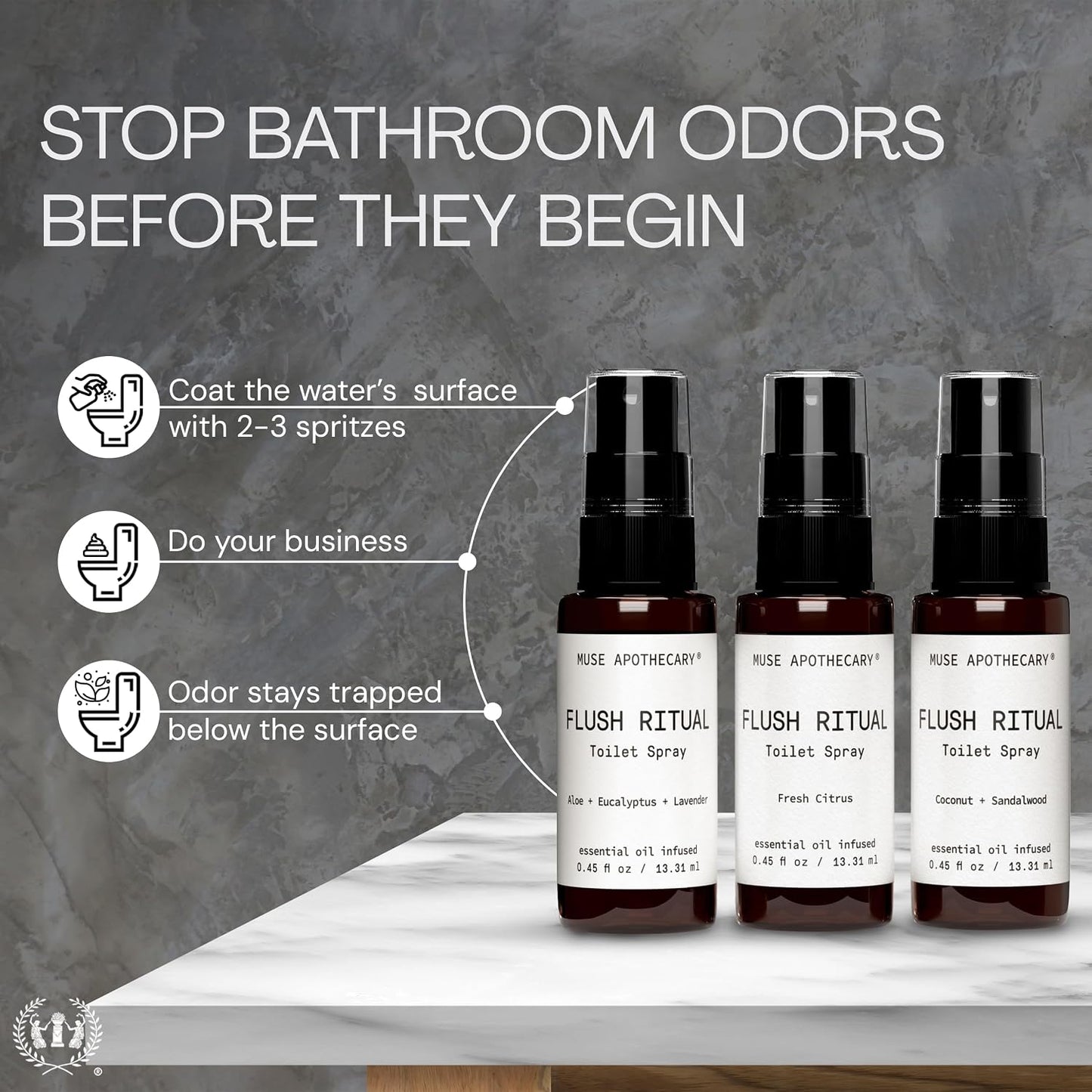 Muse Apothecary Flush Ritual - Aromatic & Refreshing Toilet Spray, Use Before You Go, Infused with Natural Essential Oils - Travel Size Mini Collection, 0.45 oz, 3 Pack