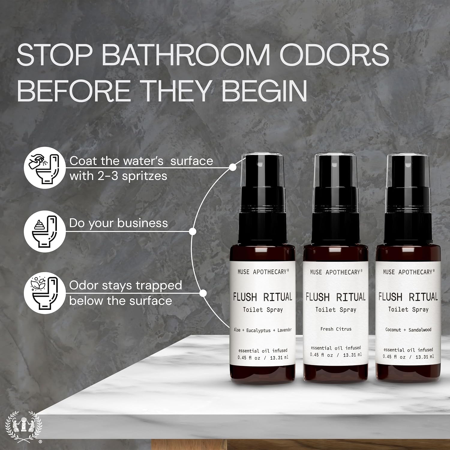 Muse Apothecary Flush Ritual - Aromatic & Refreshing Toilet Spray, Use Before You Go, Infused with Natural Essential Oils - Travel Size Mini Collection, 0.45 oz, 3 Pack