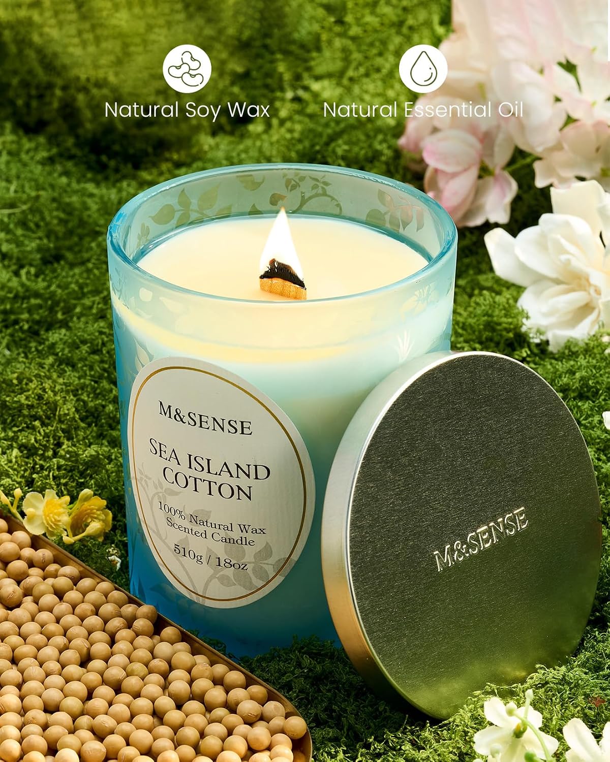 M&SENSE Sea & Cotton Scented Candle, 18oz | Cracking Wooden Wick, Soy Wax, 100 Hours Long Lasting, Non-Toxic Aromatherapy