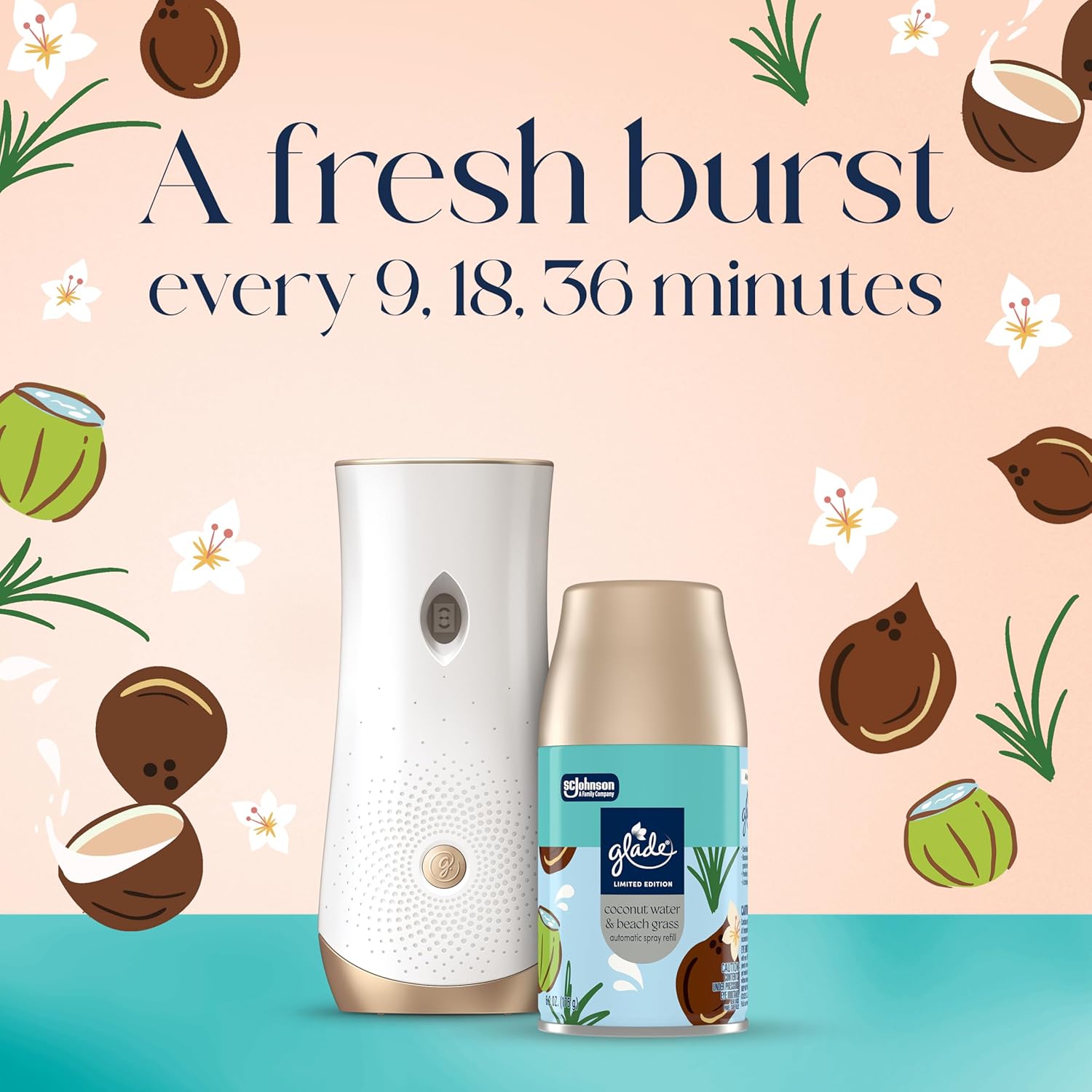 Glade Automatic Spray Refill, Coconut Water & Beach Grass, Scented Air Freshener for Home and Bathroom, 6.2 Oz, 2 Count