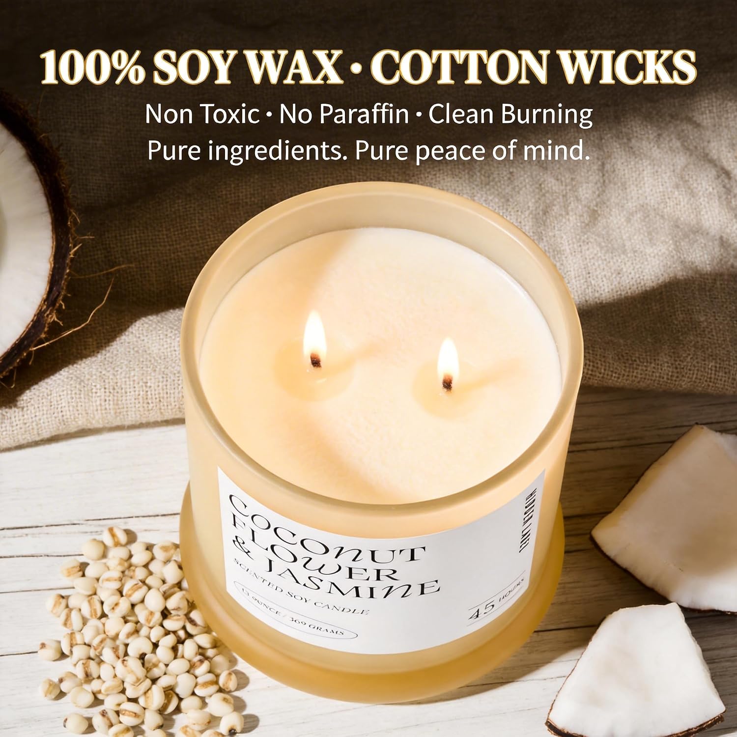 Coconut Flower & Jasmine Scented Candle, 13oz Natural Soy Wax Candle with 2 Wicks, 75 Hour Long Lasting Aromatherapy Candle for Stress Relief, Non Toxic Luxury Candle for Home Decor