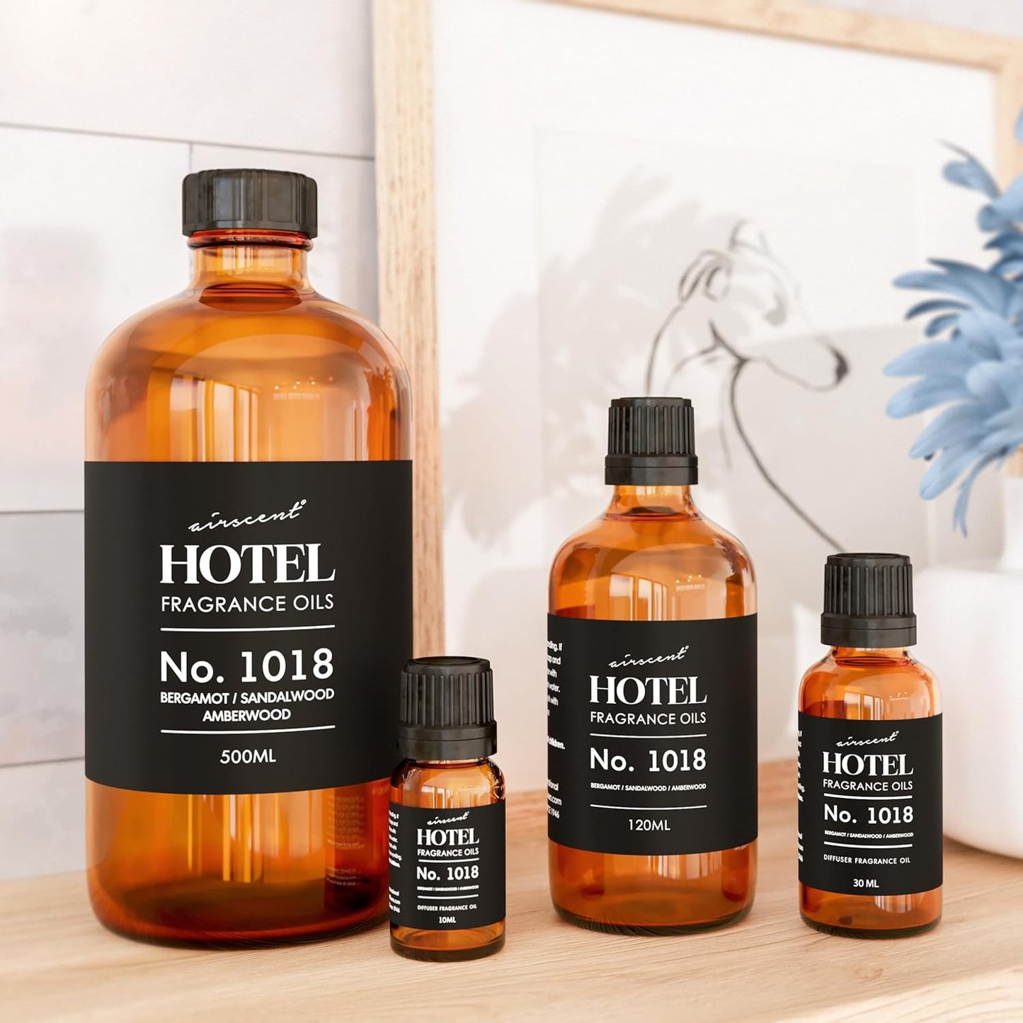 AirScent Hotel Diffuser Oil No. 1018 - Bergamot Sandalwood Amberwood - Hotel Scent Dupe - Premium Fragrance Oil for Ultrasonic and Waterless Diffusers and Crafting - 10 ml, 0.34 fl oz Glass Bottle
