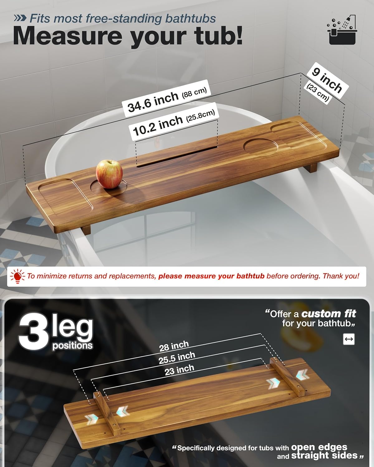 Bathtub Tray, Acacia Bath Tray for Tub, 34.6''x9'' Wooden Bathtub Caddy Tray with Adjustable Legs Fit Various Bathtubs, Anti-Tipping, Sustainable Bath Table with Wine Glass and Tablet Holder