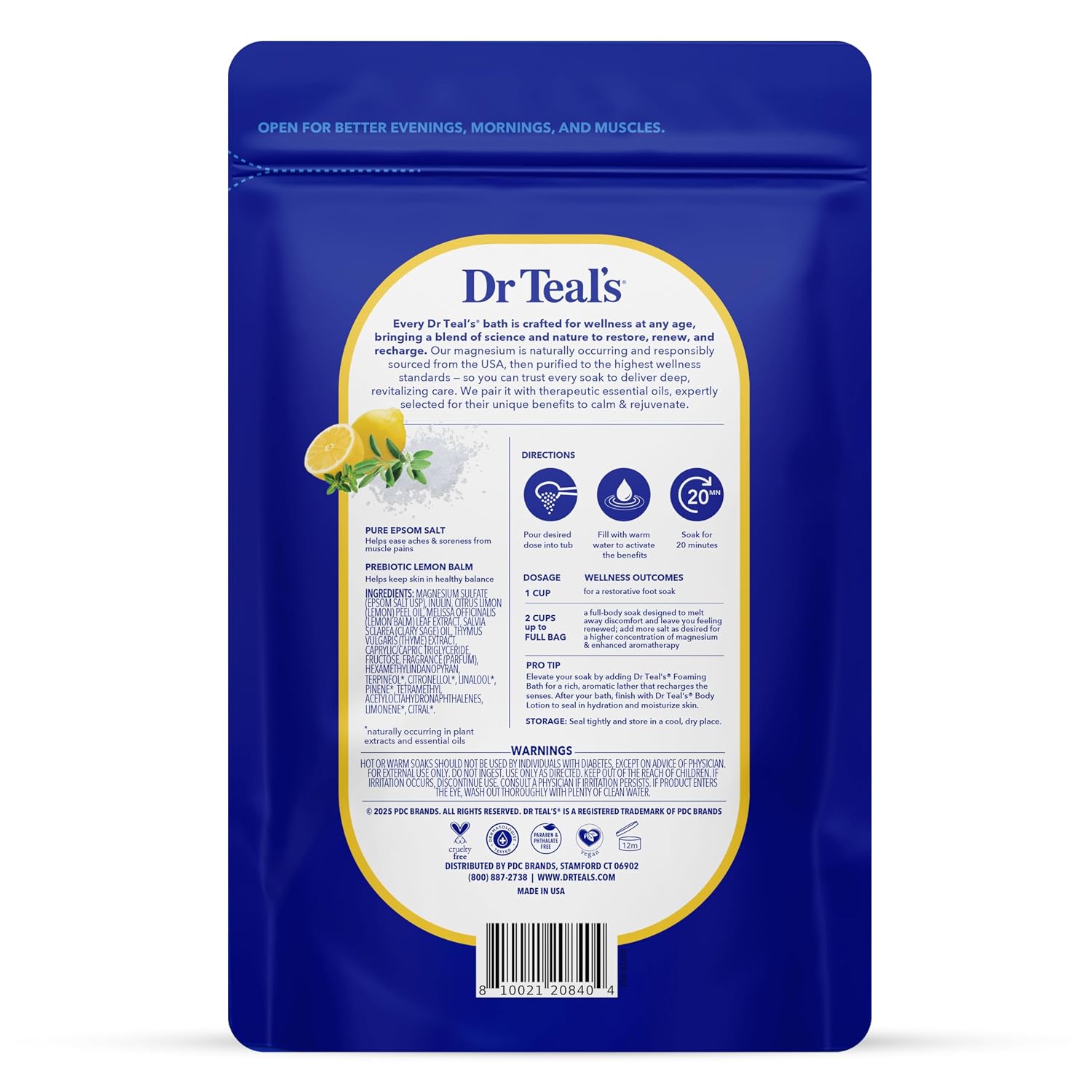 Dr Teal's Pure Epsom Magnesium Salt Soak, Prebiotic Lemon Balm & Essential Oil, 3 lbs (Pack of 4)