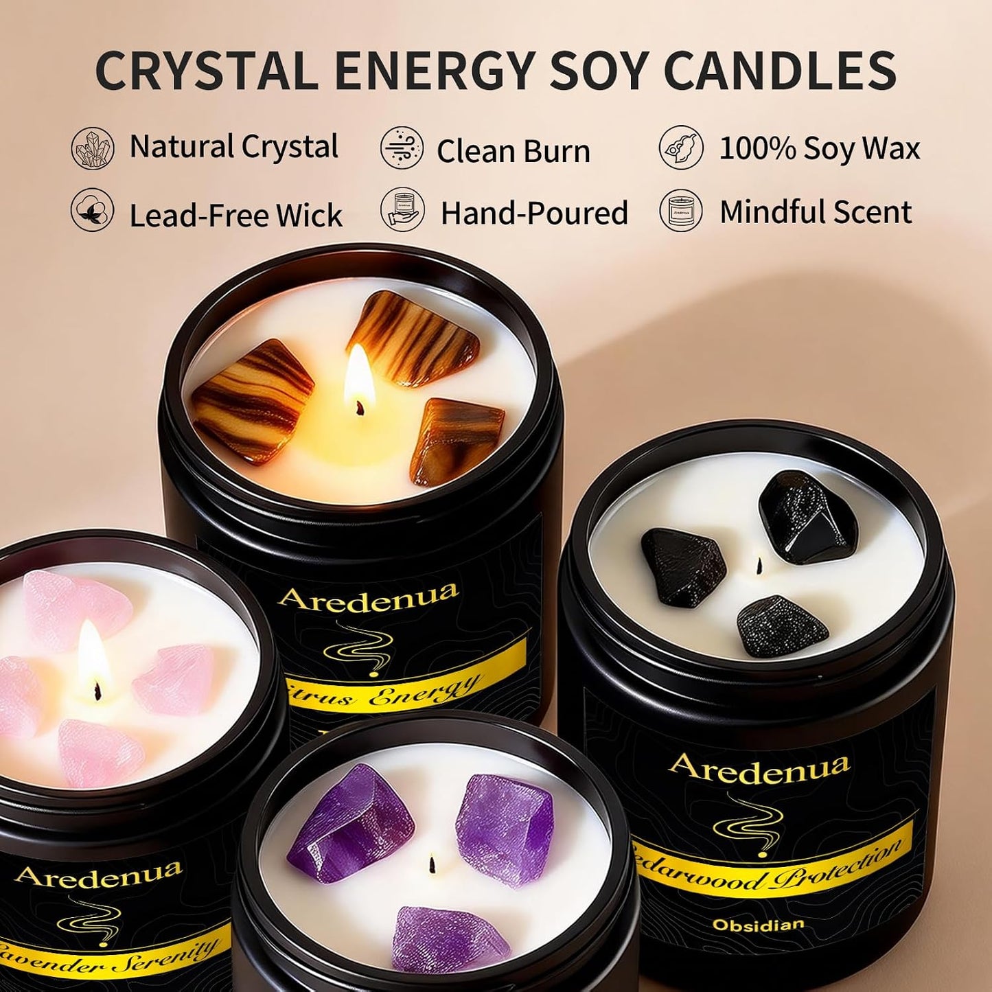 Scented Candles Set, 4 Pack Crystal Healing Candles with Rose Quartz Amethyst Tiger Eye Obsidian, 7oz Natural Soy Wax Candles, Lavender Citrus Sandalwood Cedar, Meditation Gifts for Women Men