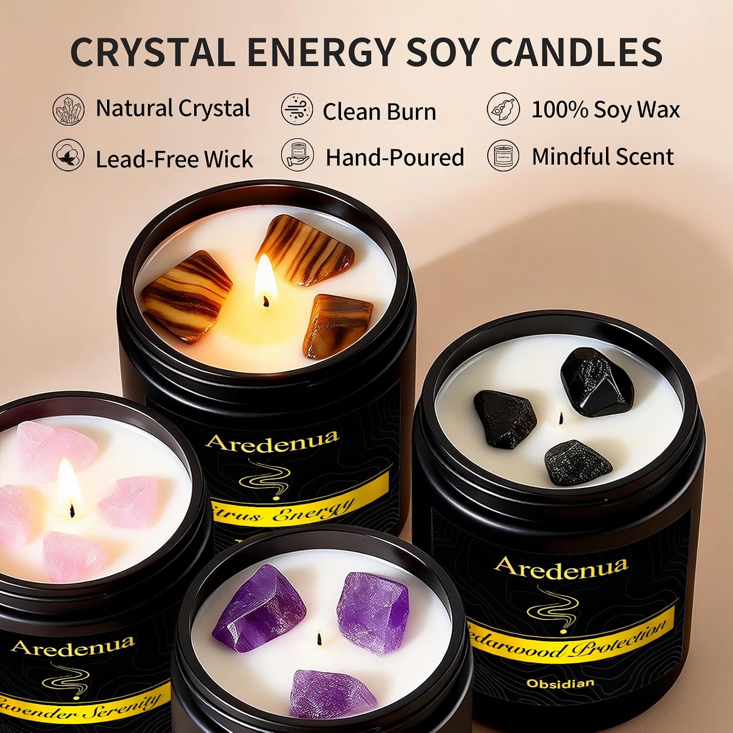 Scented Candles Set, 4 Pack Crystal Healing Candles with Rose Quartz Amethyst Tiger Eye Obsidian, 7oz Natural Soy Wax Candles, Lavender Citrus Sandalwood Cedar, Meditation Gifts for Women Men