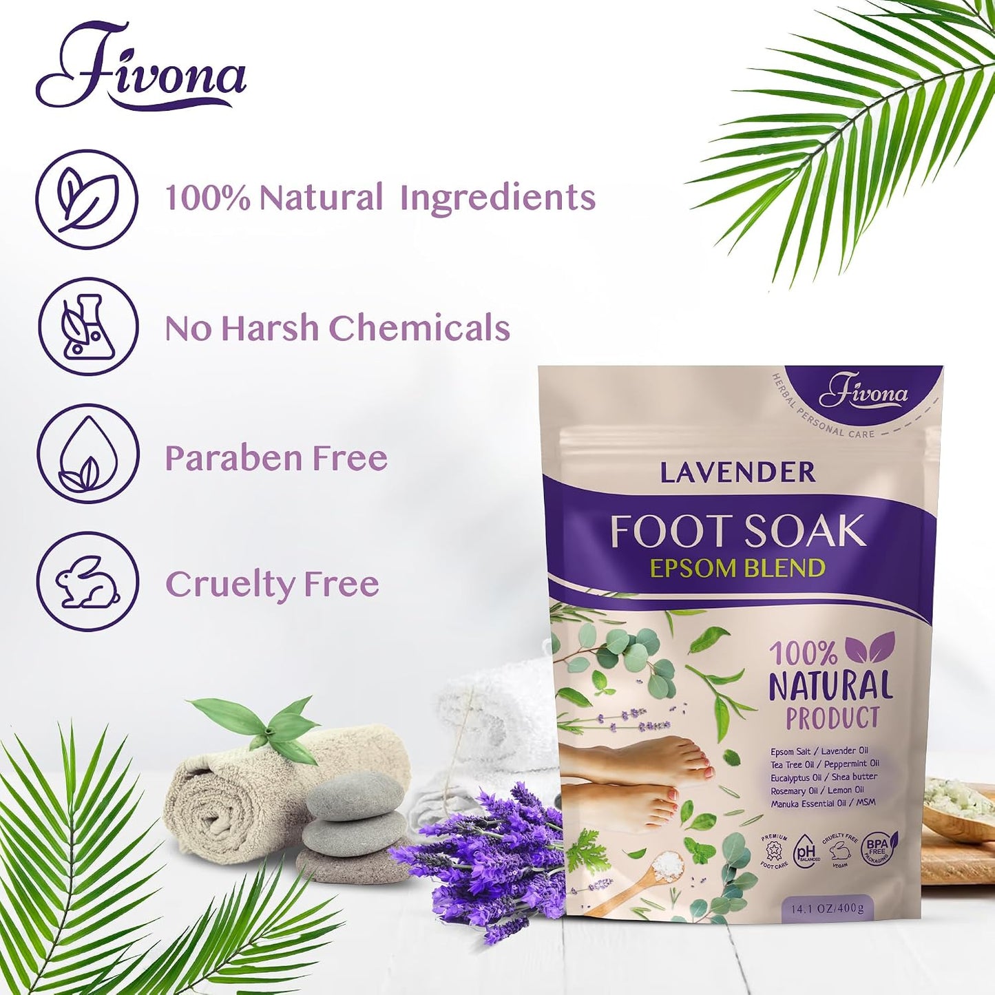 Fivona Foot Soak Blend Epsom Salt with Lavender 14.1 oz - Calming Foot Bath Salt, Relax & Renew Tired Feet, Soothe Soreness, Soften Calluses - Rejuvenating Pedicure Spa at Home